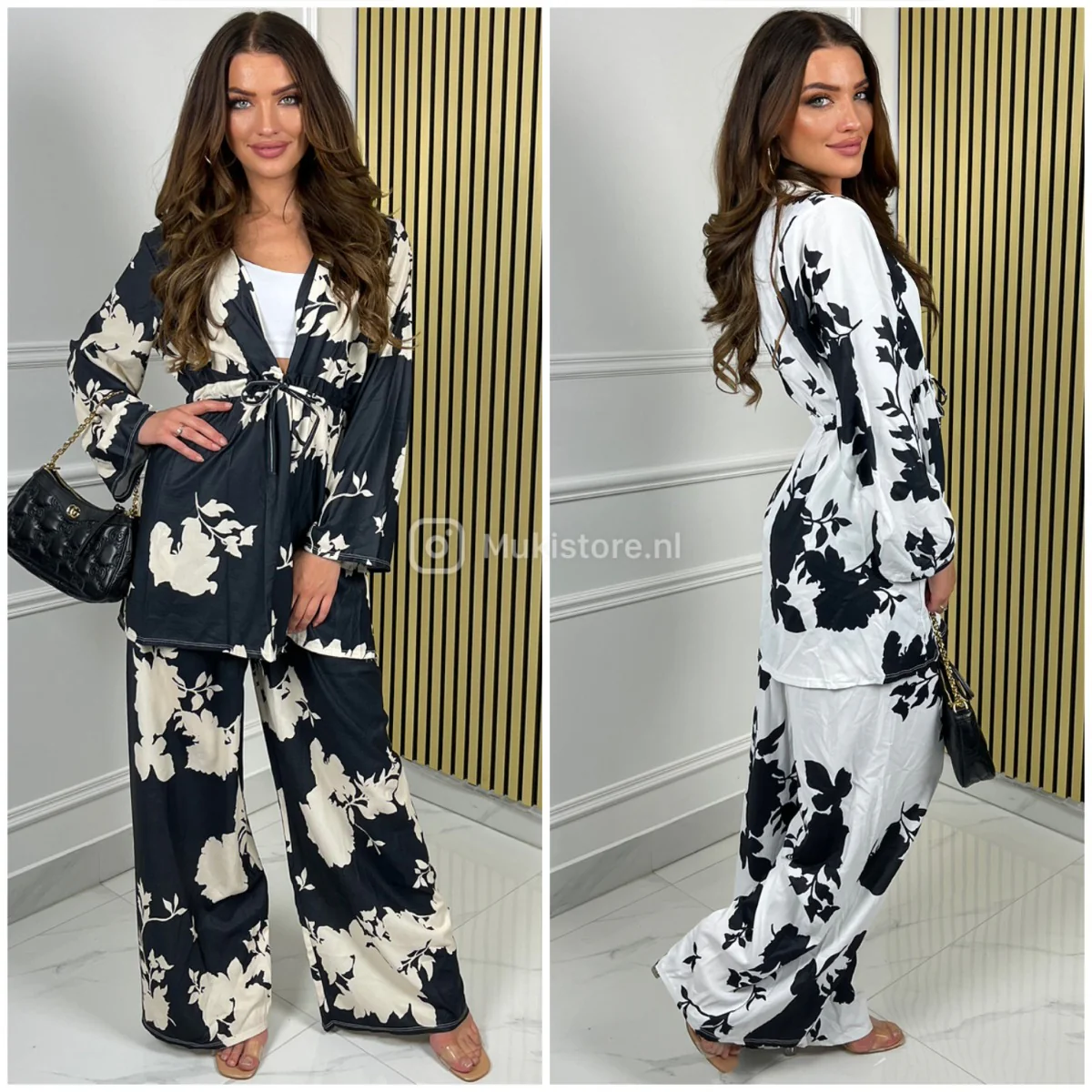 2 pcs Set Flower Print Tie Belt Vest Wide Legs - Image 2