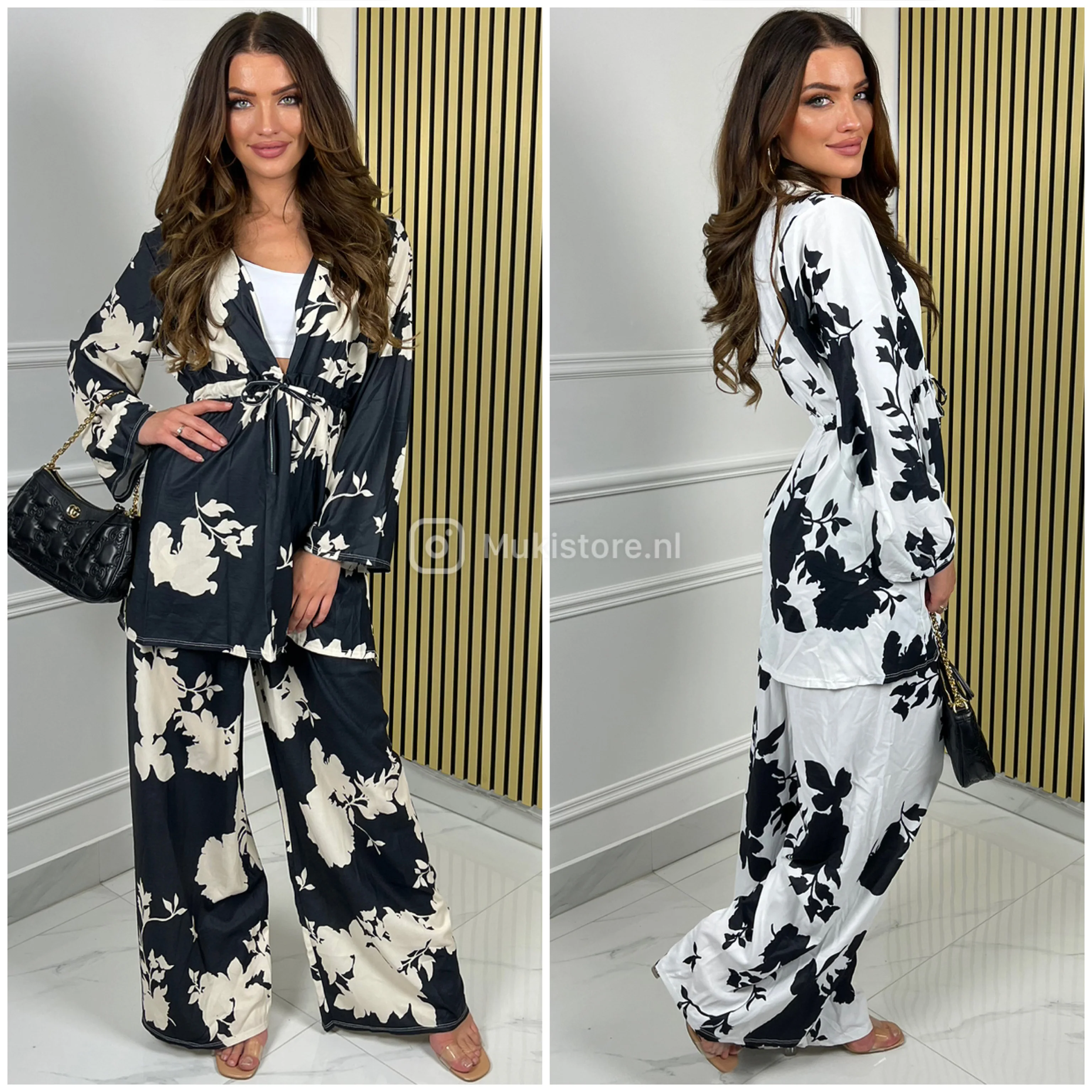 2 pcs Set Flower Print Tie Belt Vest Wide Legs - Image 9