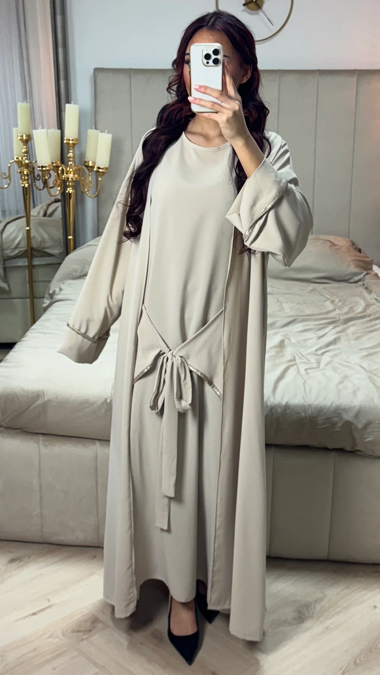 2pcs Set Kimono + Tie Belt Underdress Golden Details - Image 9