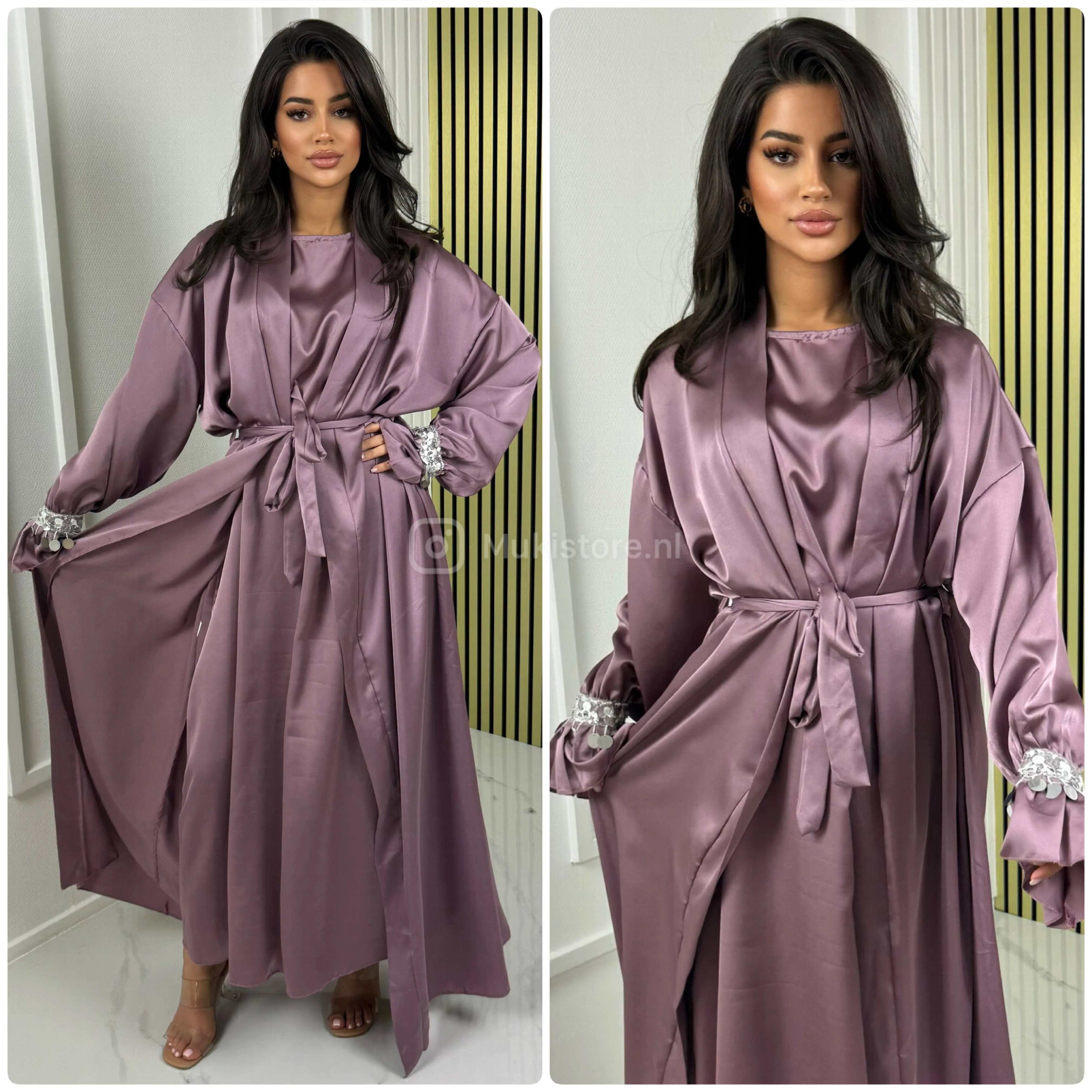 2pcs Set Satin Tie Belt Kimono + Dress Silver Sleeve Detail - Image 7