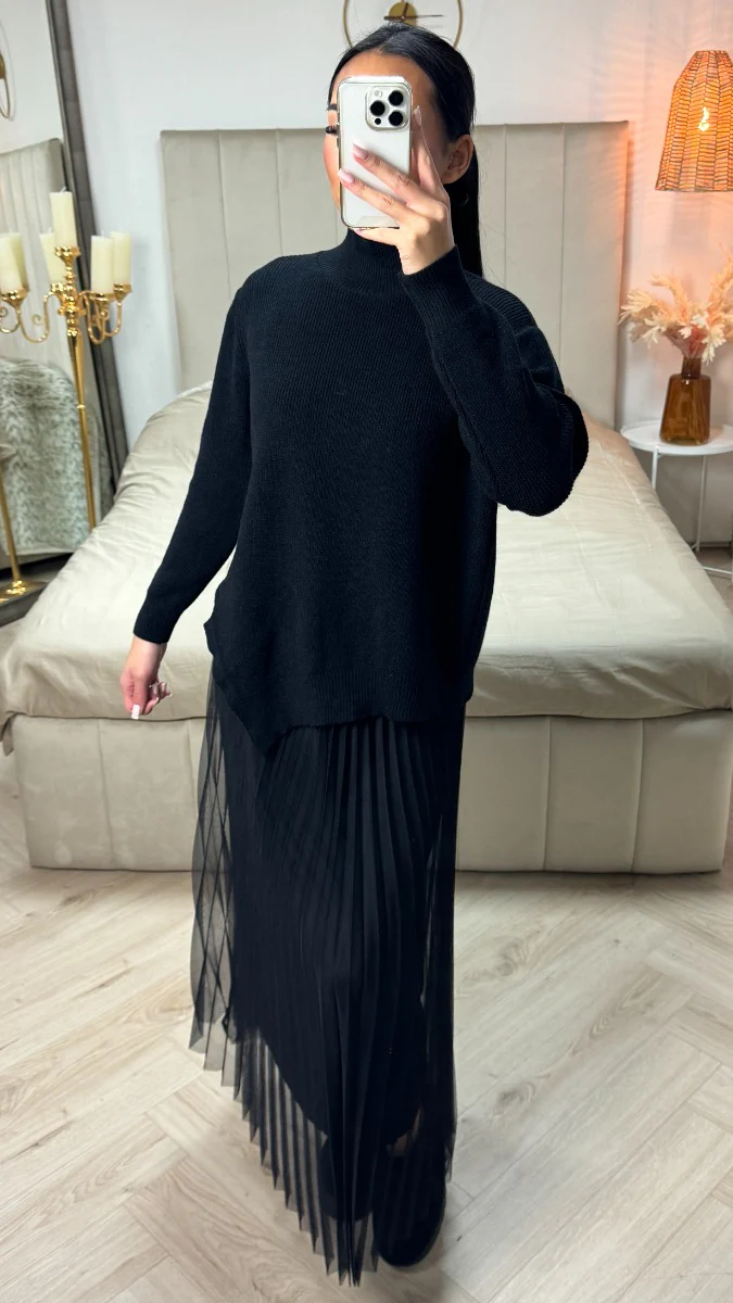 2pcs Set Sweater + V Neck Dress Pleated - Image 3