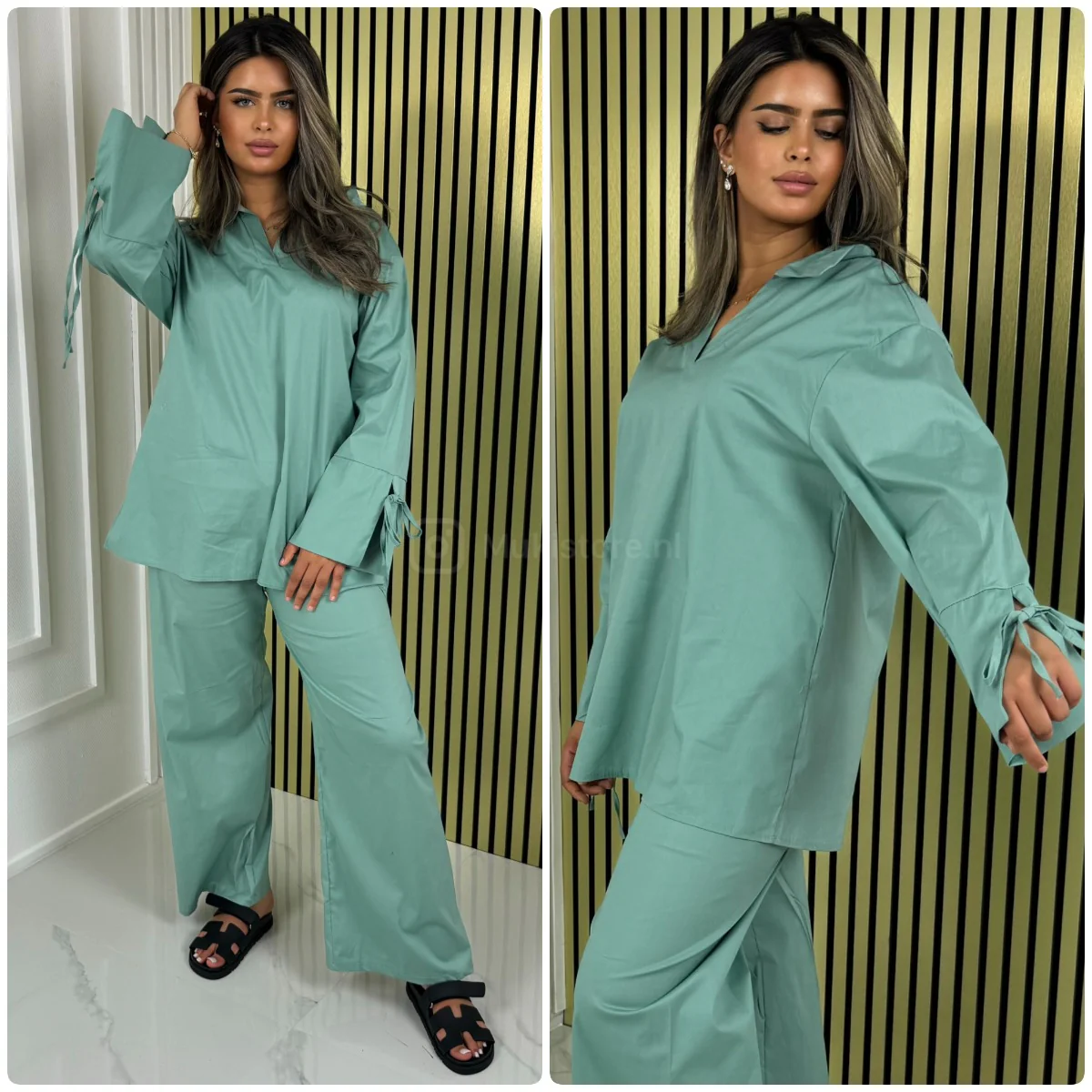 2pcs Set V Neck Slit Sleeve Tie Detail + Wide Leg - Image 13