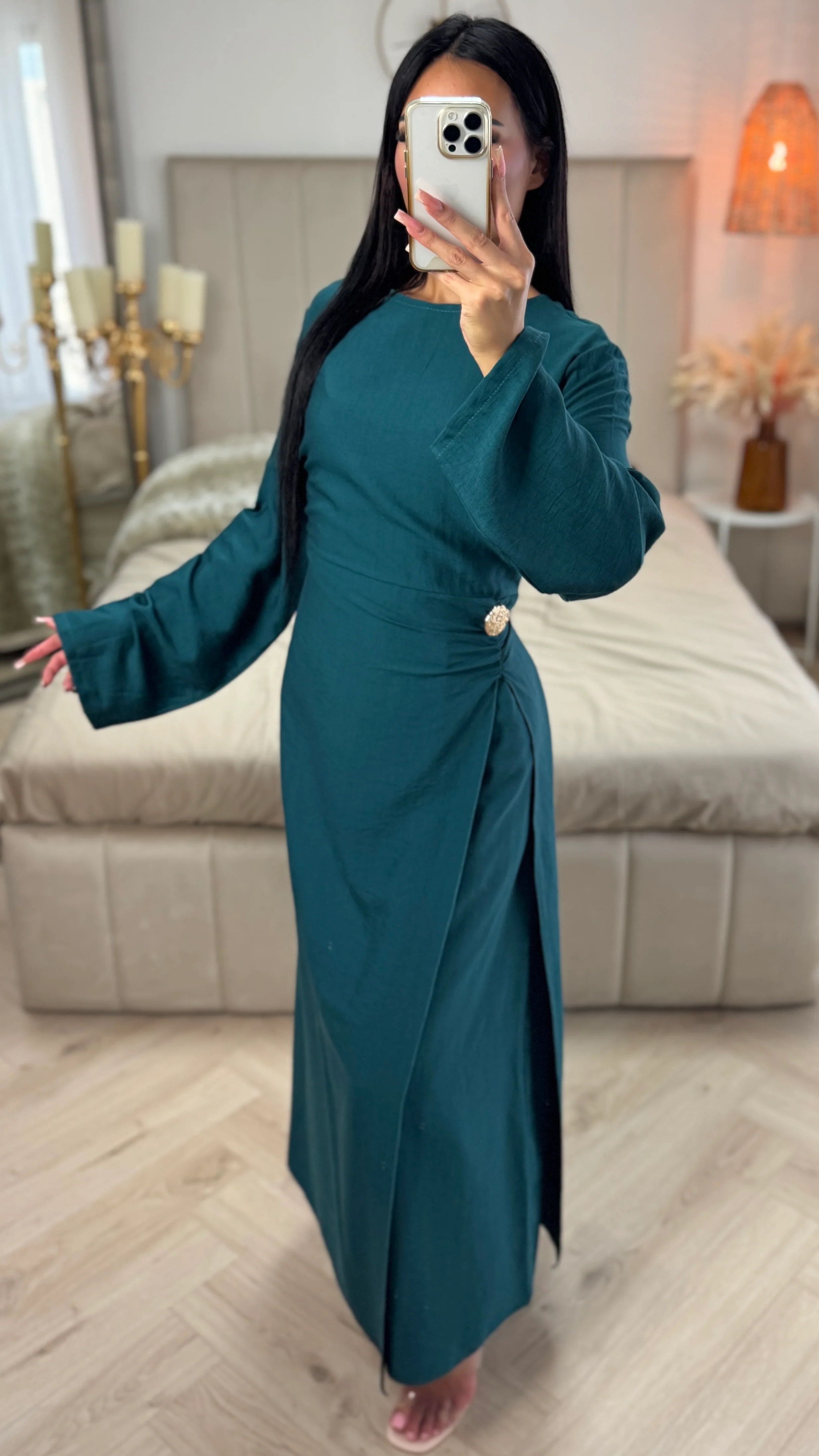 Split Dress Golden Button Detail Integrated Skirt - Image 7