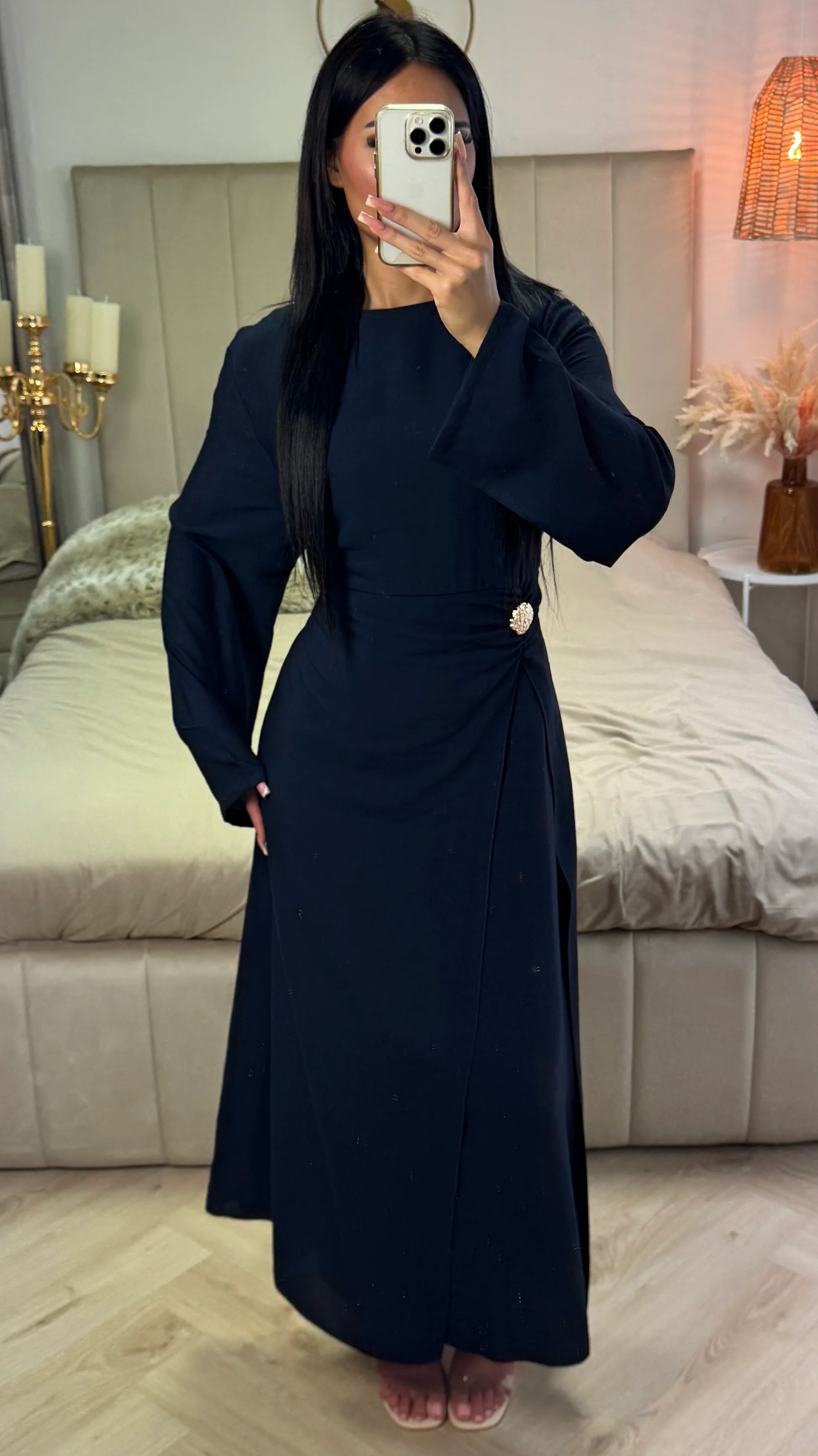 Split Dress Golden Button Detail Integrated Skirt - Image 9
