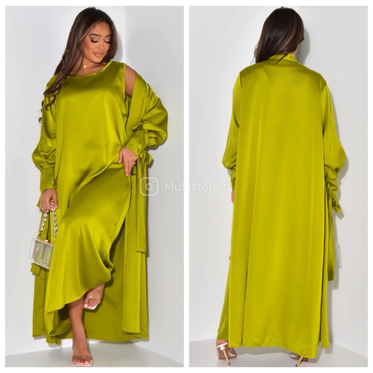 2psc Set Satin Kimono+Dress Bow Wrist - Image 3