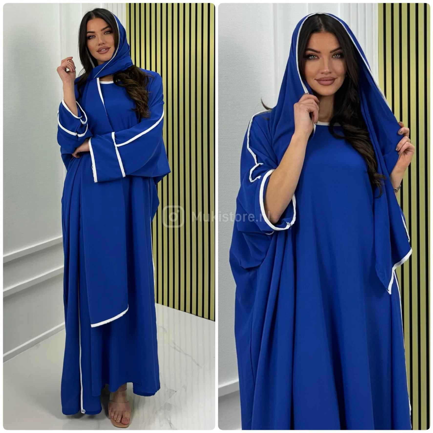 3pcs Kimono + Dress + HeadscarfShawl White Line Detail - Image 11