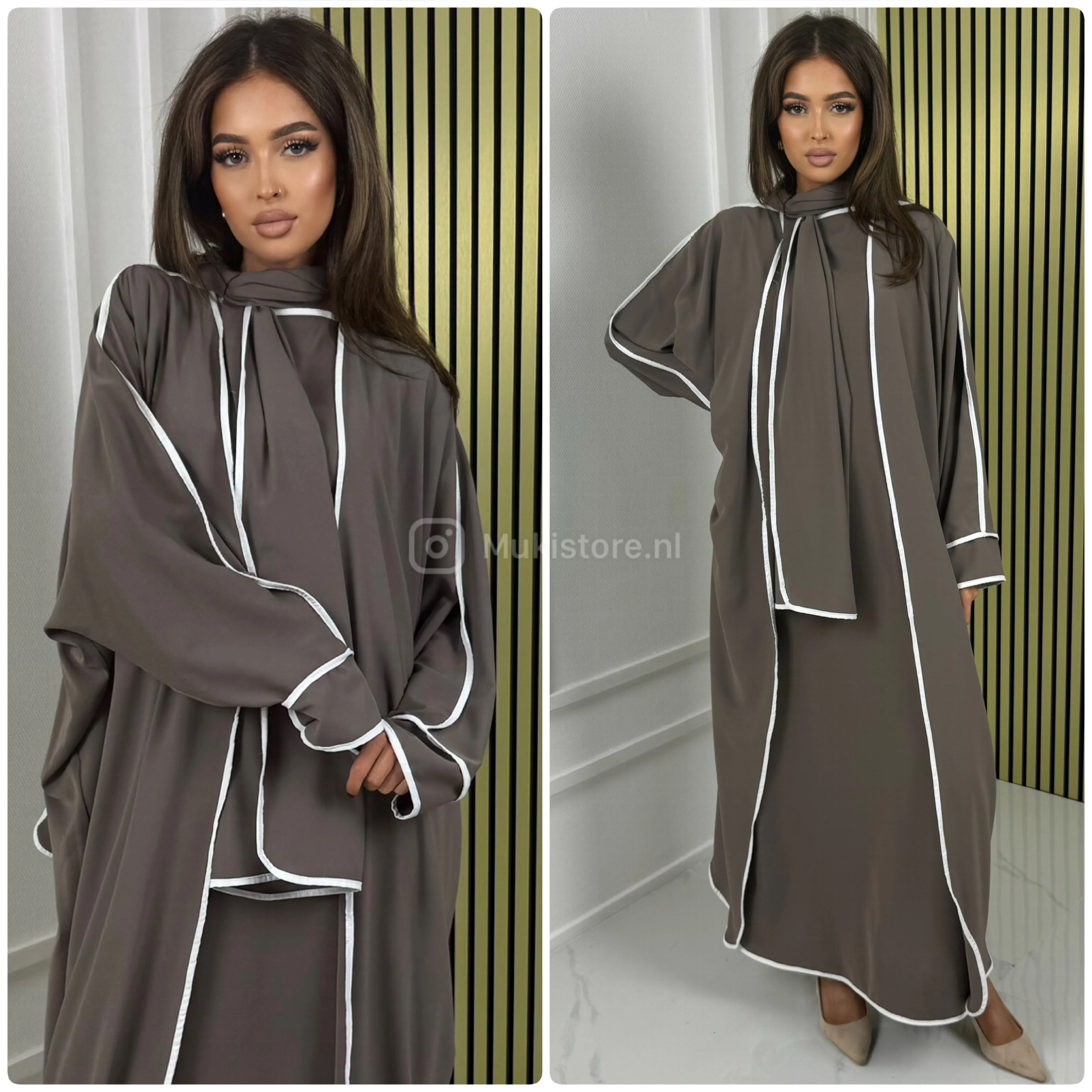 3pcs Kimono + Dress + HeadscarfShawl White Line Detail - Image 15