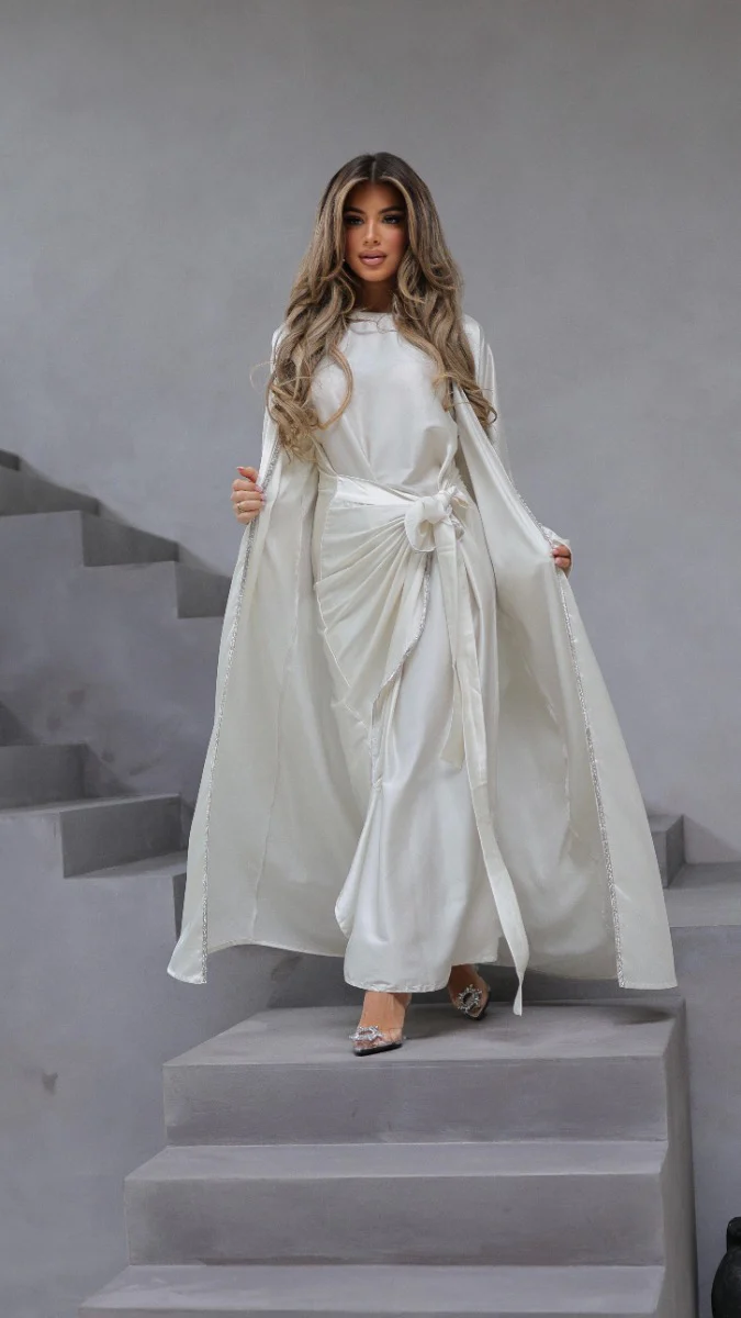 786 | Kimono Diamond Detail + Tie Belt Dress + Scarf - Image 2