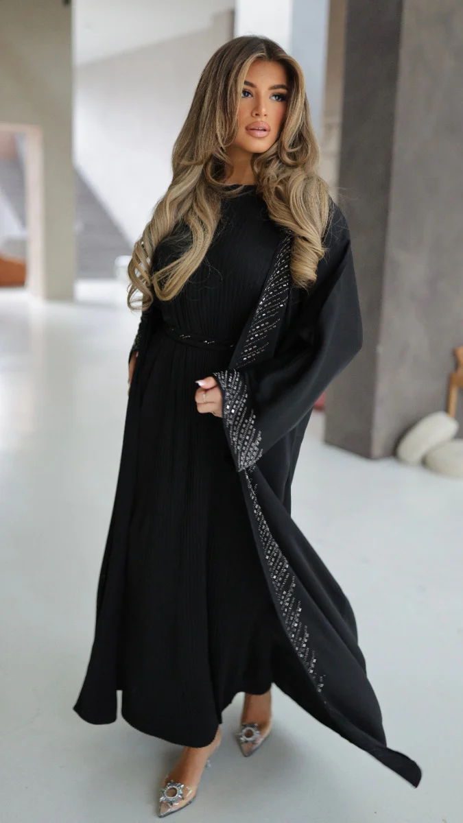 786 | Kimono Stones Detail + Pleated Dress + Tie Belt + Scarf - Image 3
