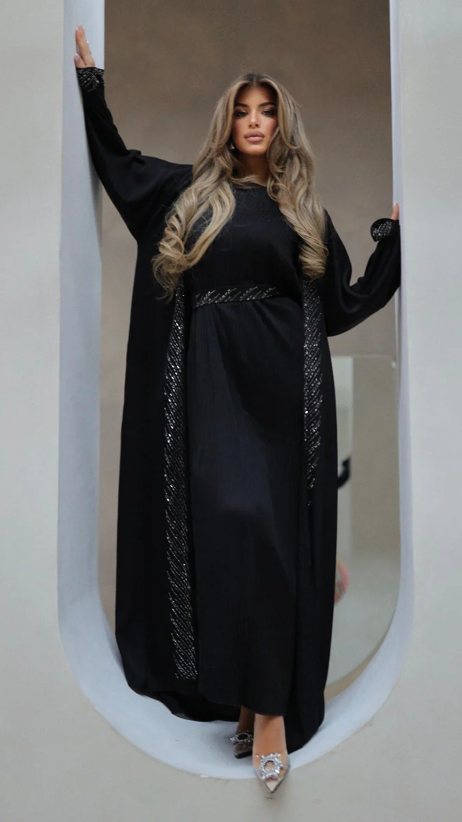 786 | Kimono Stones Detail + Pleated Dress + Tie Belt + Scarf - Image 4