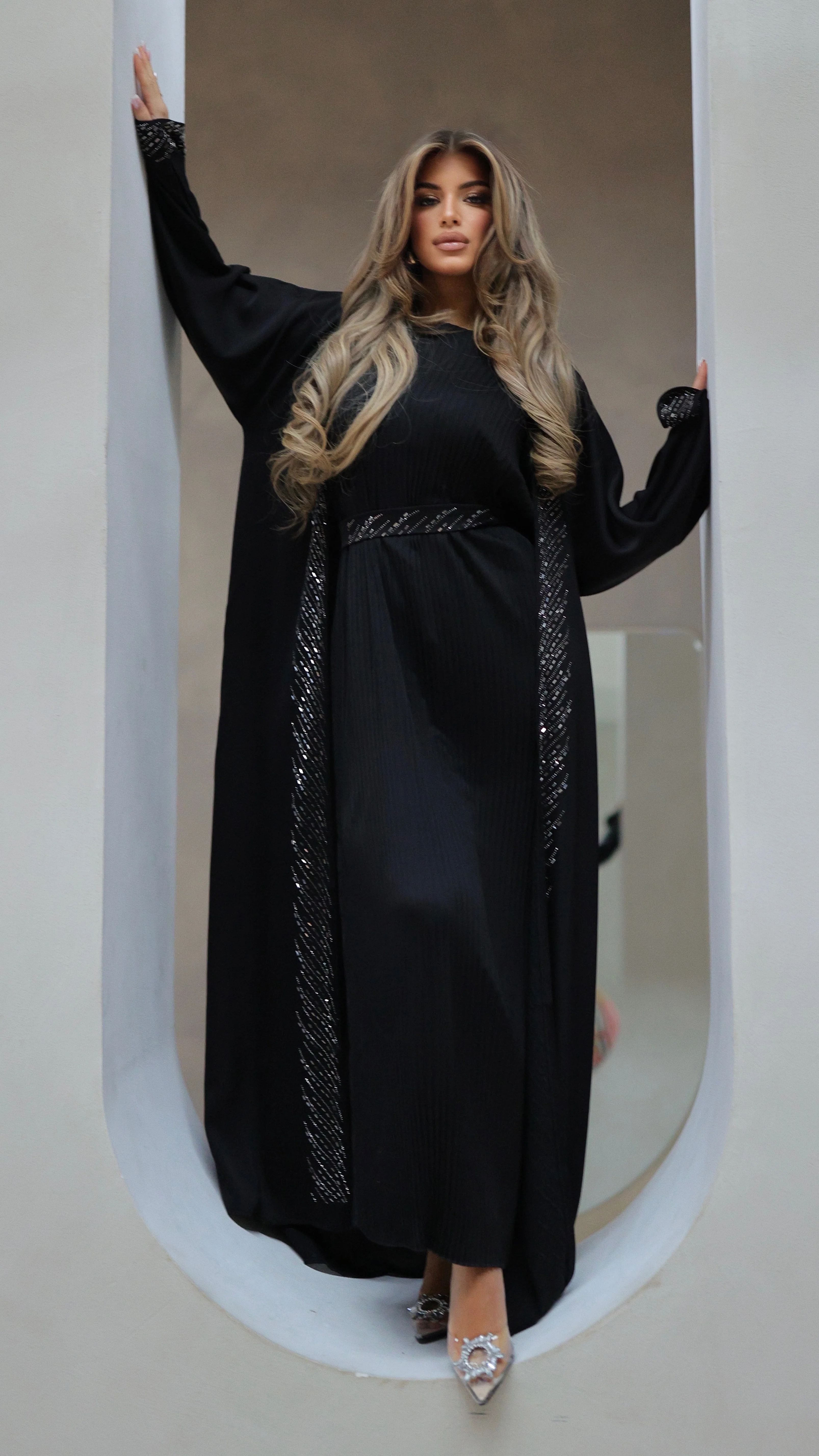 786 | Kimono Stones Detail + Pleated Dress + Tie Belt + Scarf - Image 5