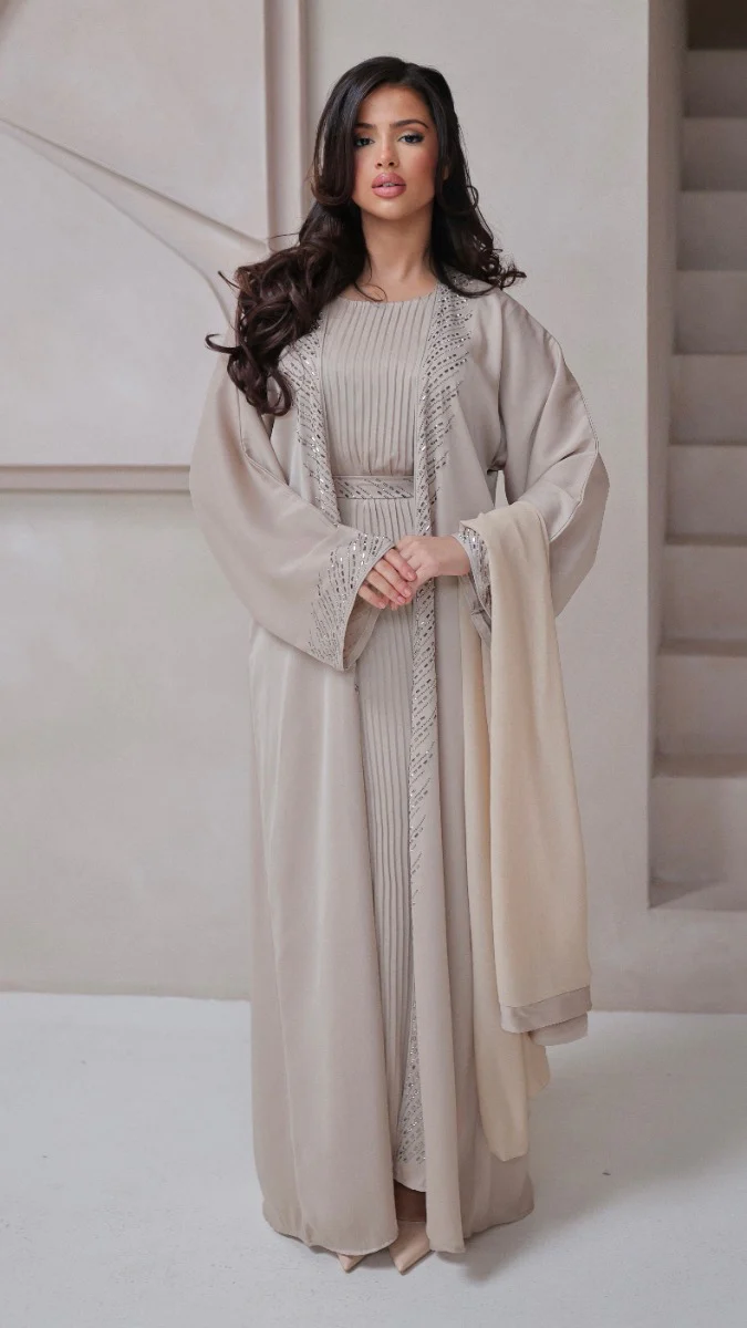 786 | Kimono Stones Detail + Pleated Dress + Tie Belt + Scarf - Image 2