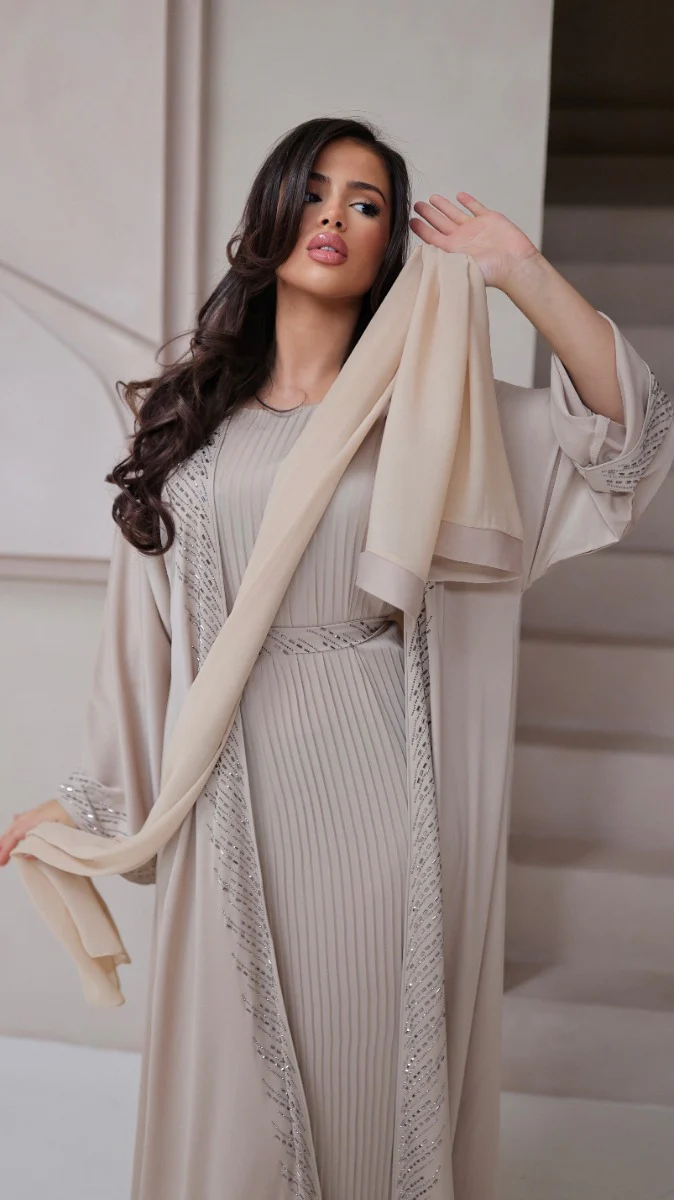 786 | Kimono Stones Detail + Pleated Dress + Tie Belt + Scarf - Image 3
