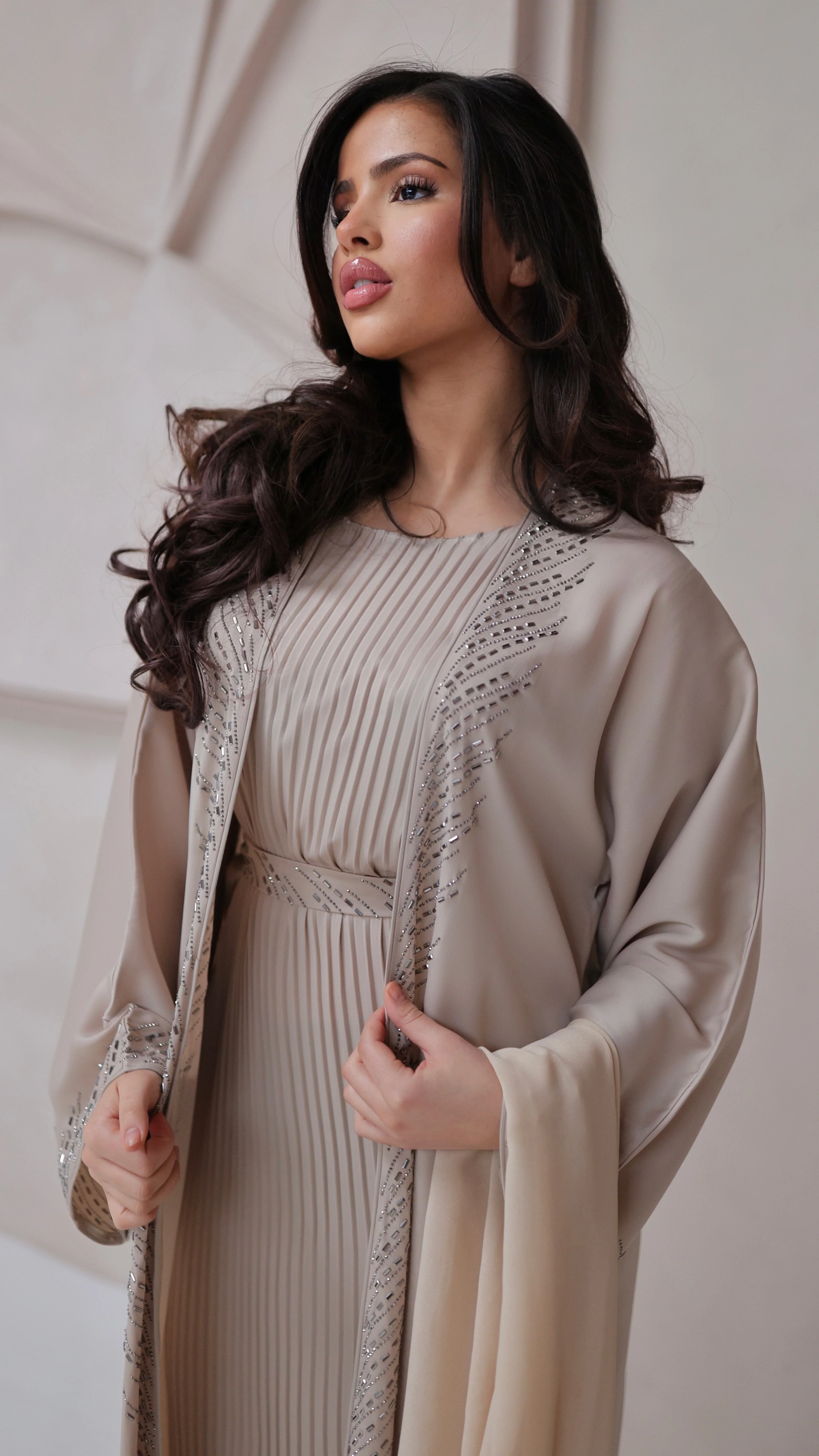 786 | Kimono Stones Detail + Pleated Dress + Tie Belt + Scarf - Image 5