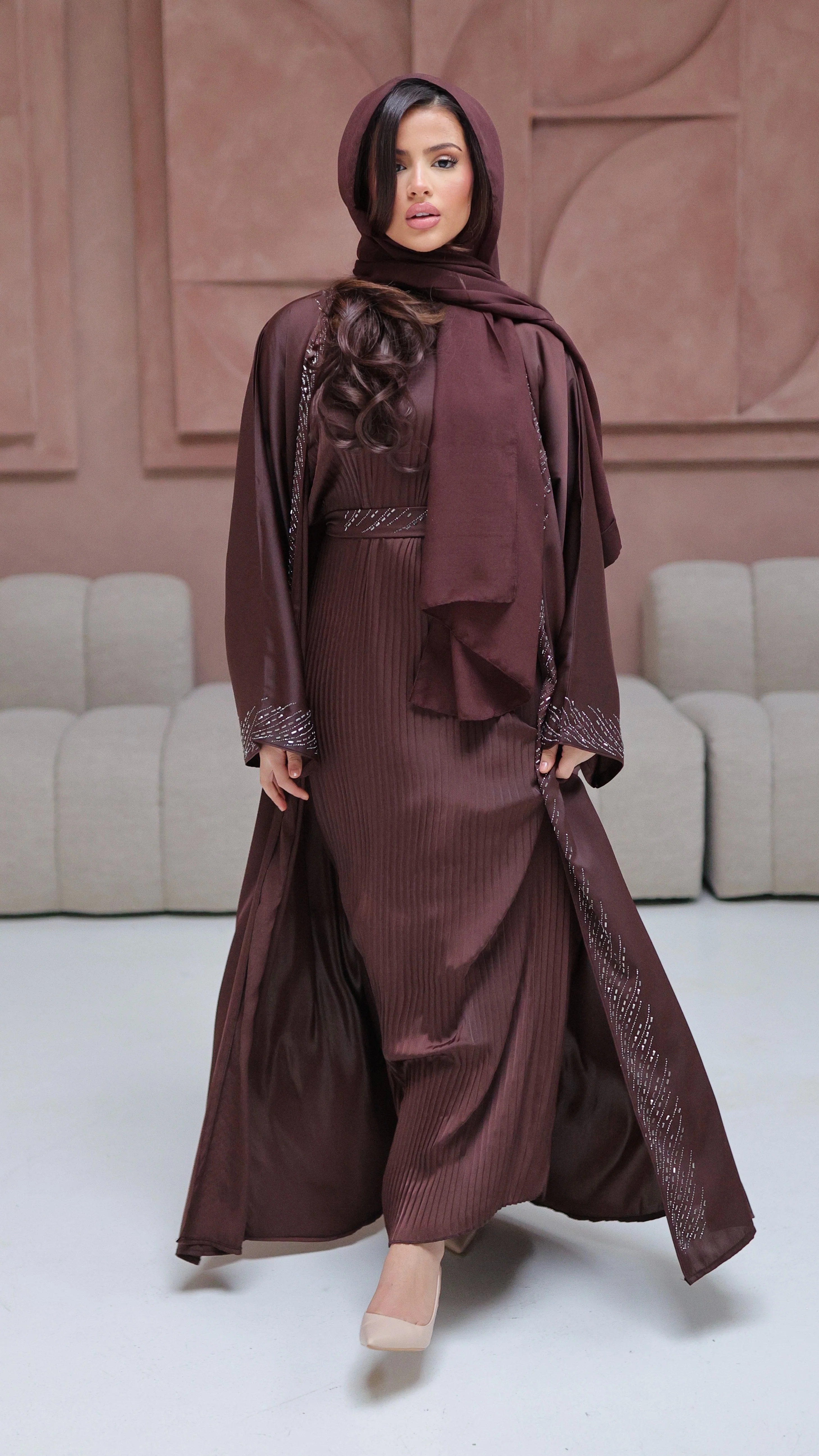 786 | Kimono Stones Detail + Pleated Dress + Tie Belt + Scarf - Image 5