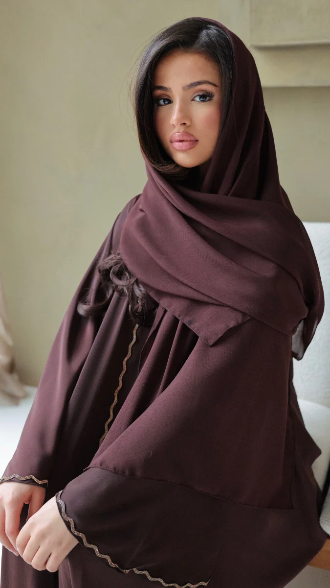 786 | Wave Diamond Detail Abaya + Tie Belt Dress + Scarf - Image 3