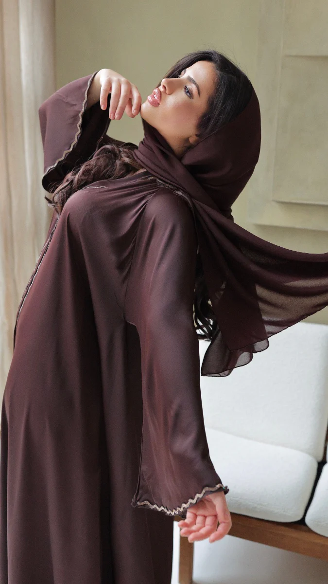 786 | Wave Diamond Detail Abaya + Tie Belt Dress + Scarf - Image 4