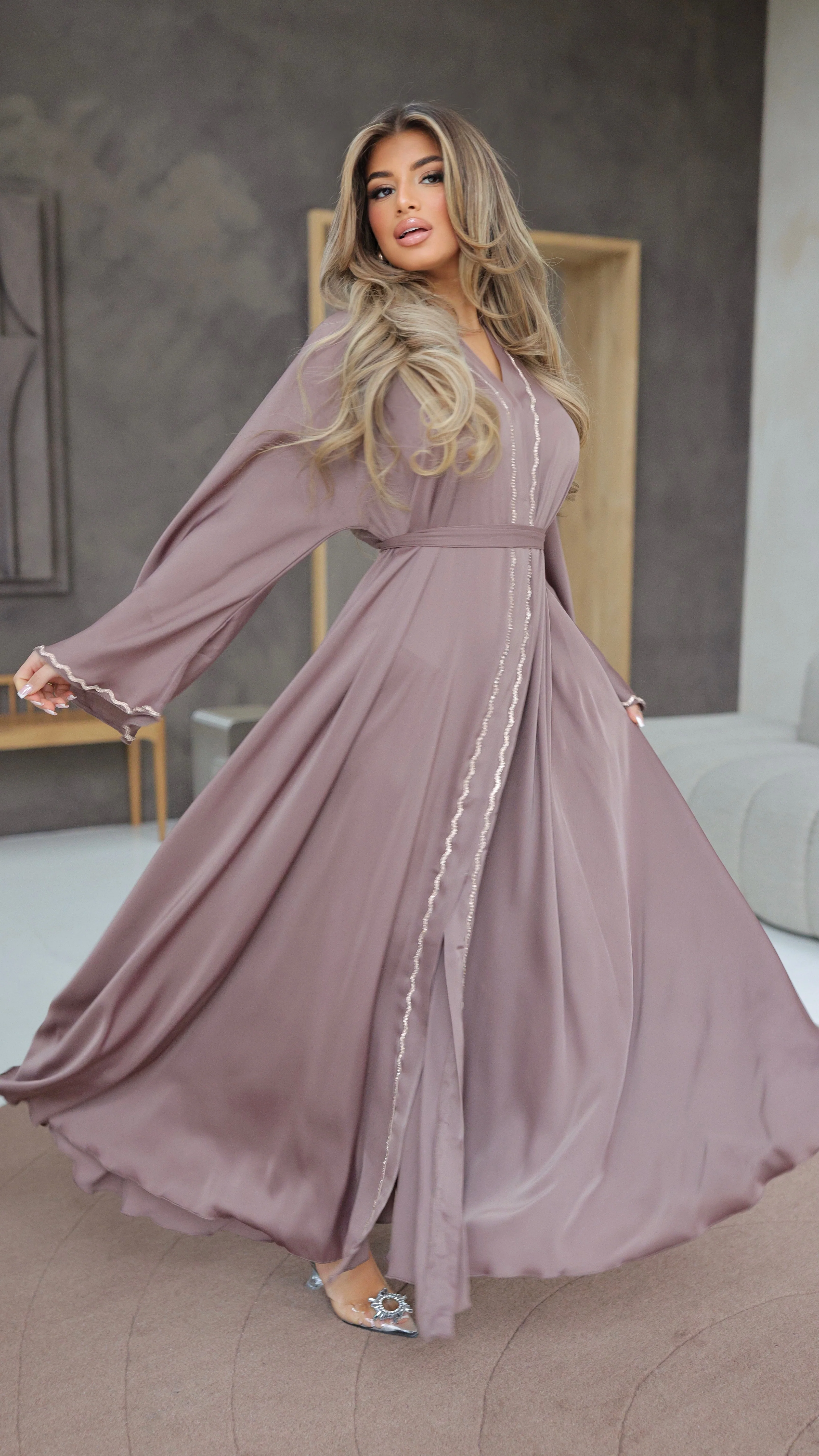 786 | Wave Diamond Detail Abaya + Tie Belt Dress + Scarf - Image 4