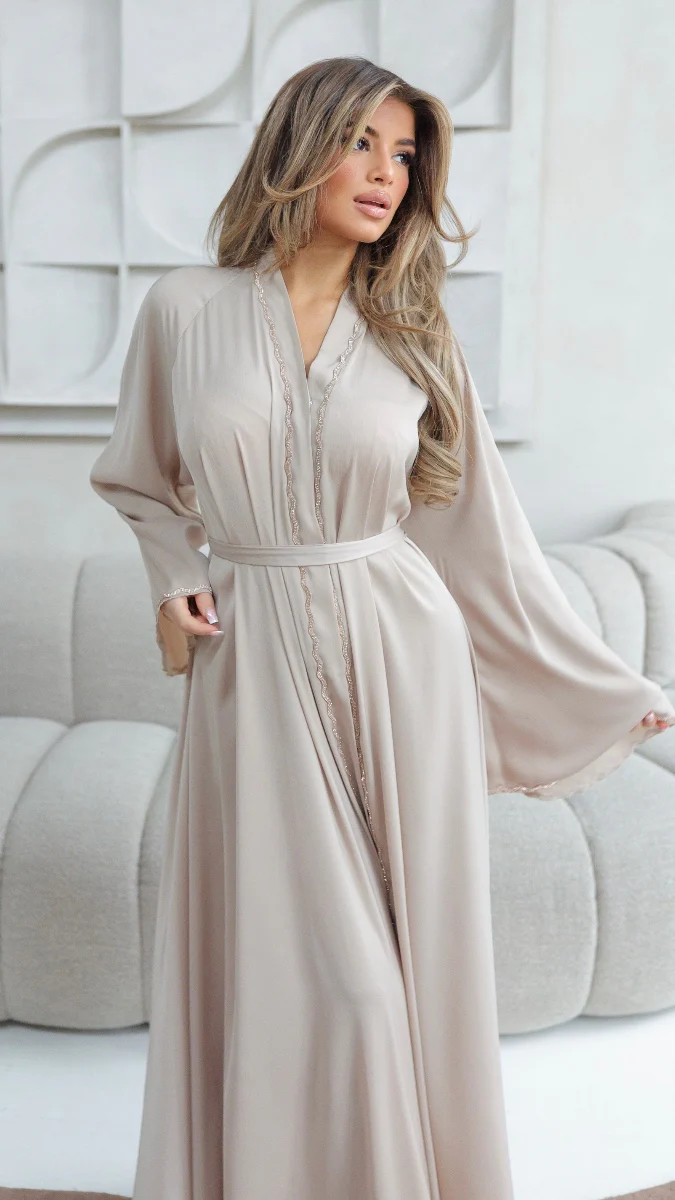 786 | Wave Diamond Detail Abaya + Tie Belt Dress + Scarf - Image 3