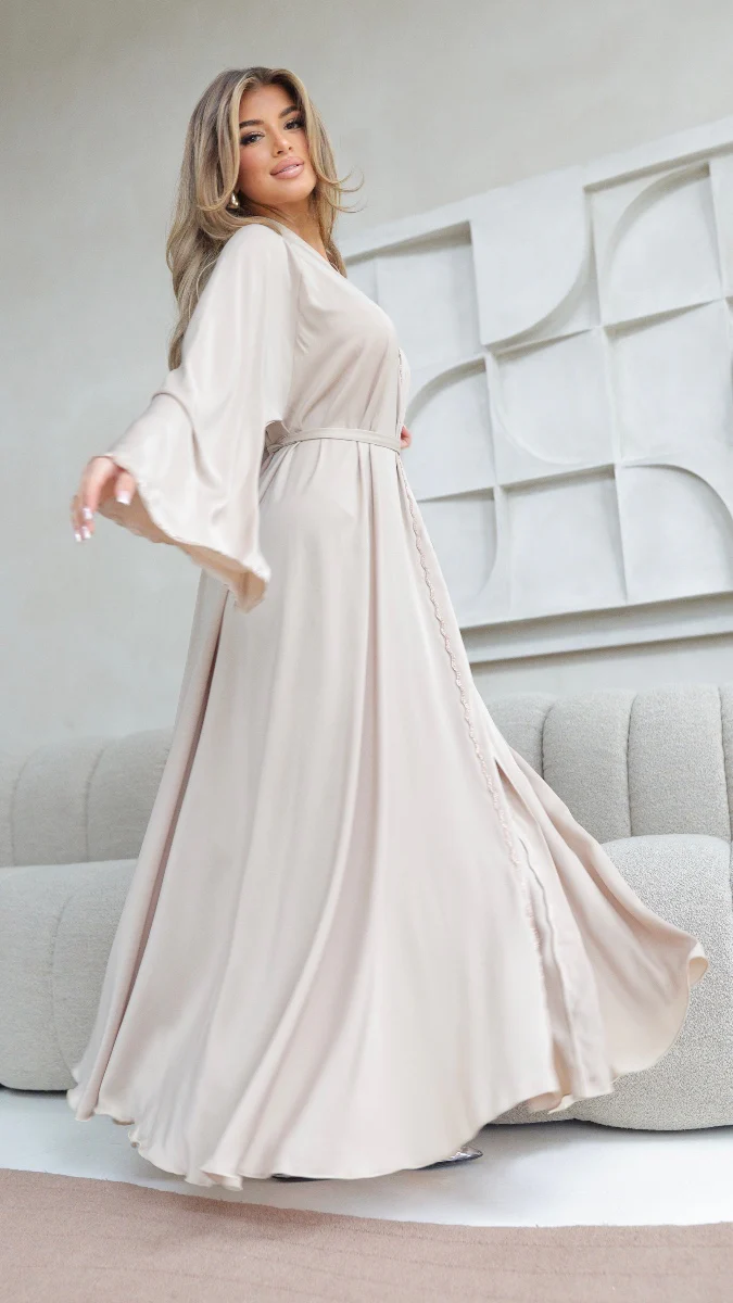 786 | Wave Diamond Detail Abaya + Tie Belt Dress + Scarf - Image 4