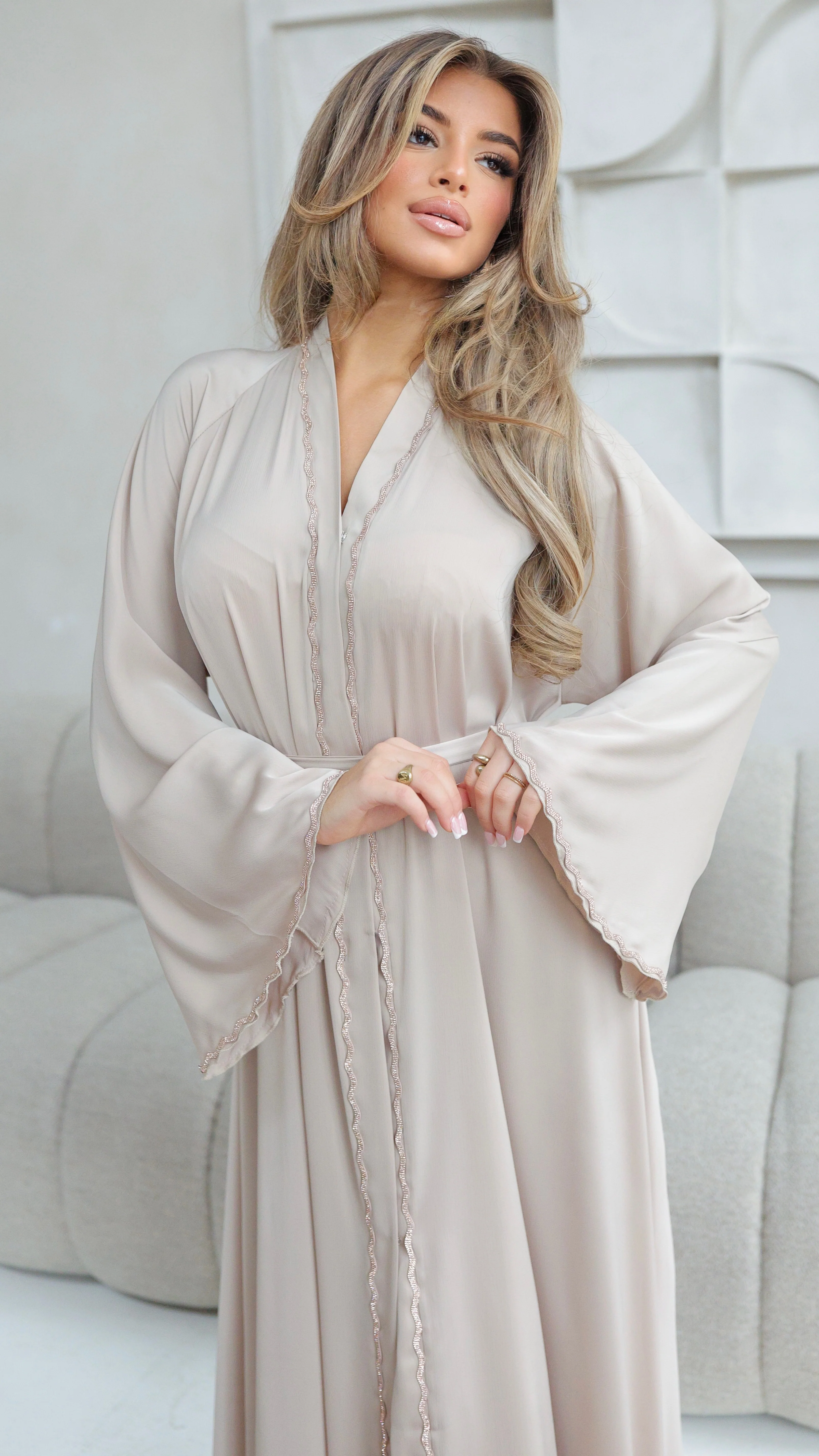 786 | Wave Diamond Detail Abaya + Tie Belt Dress + Scarf - Image 6