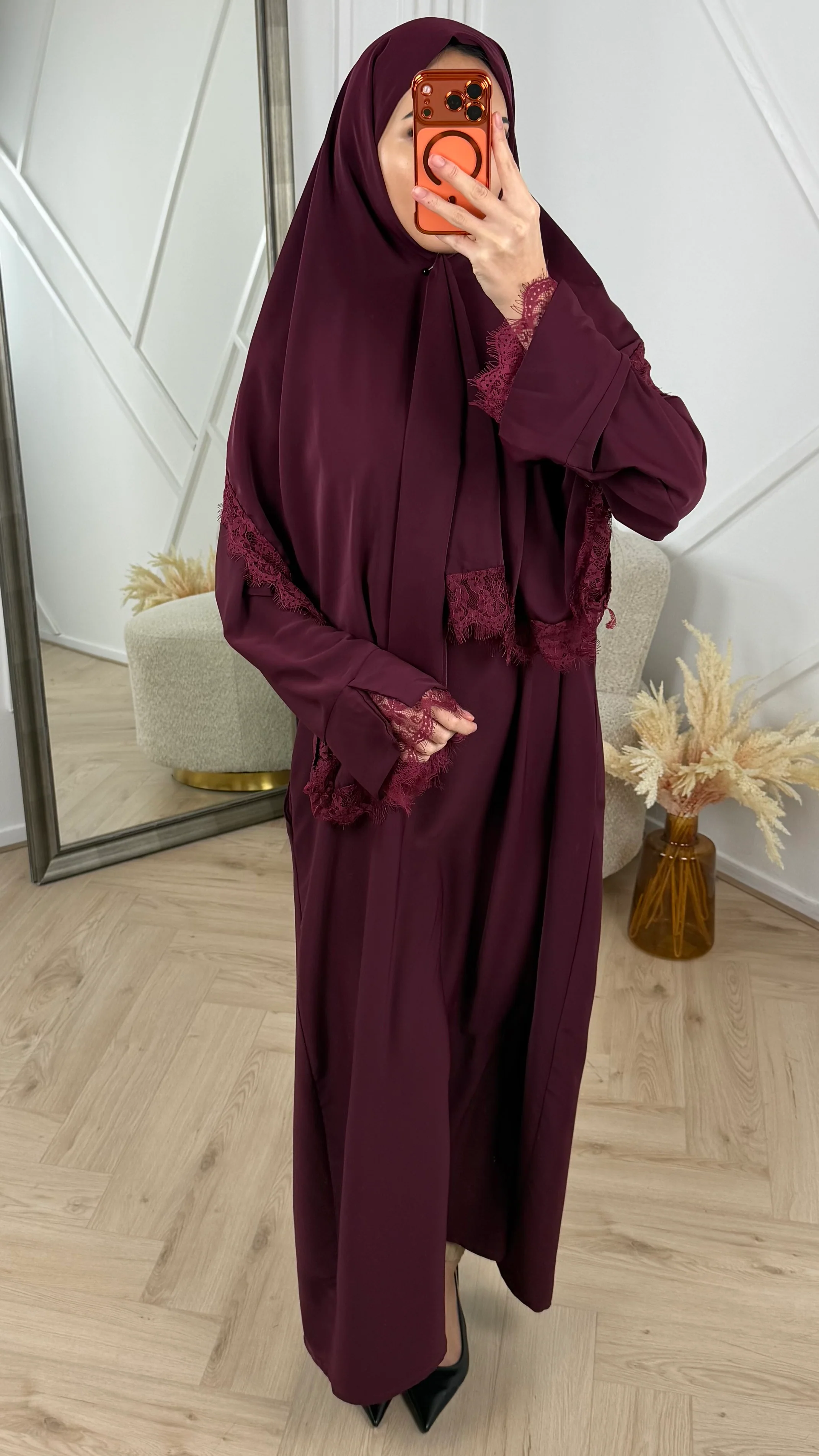 Abaya Jurk met Losse Hoofddoek en Kantafwerking - Image 4