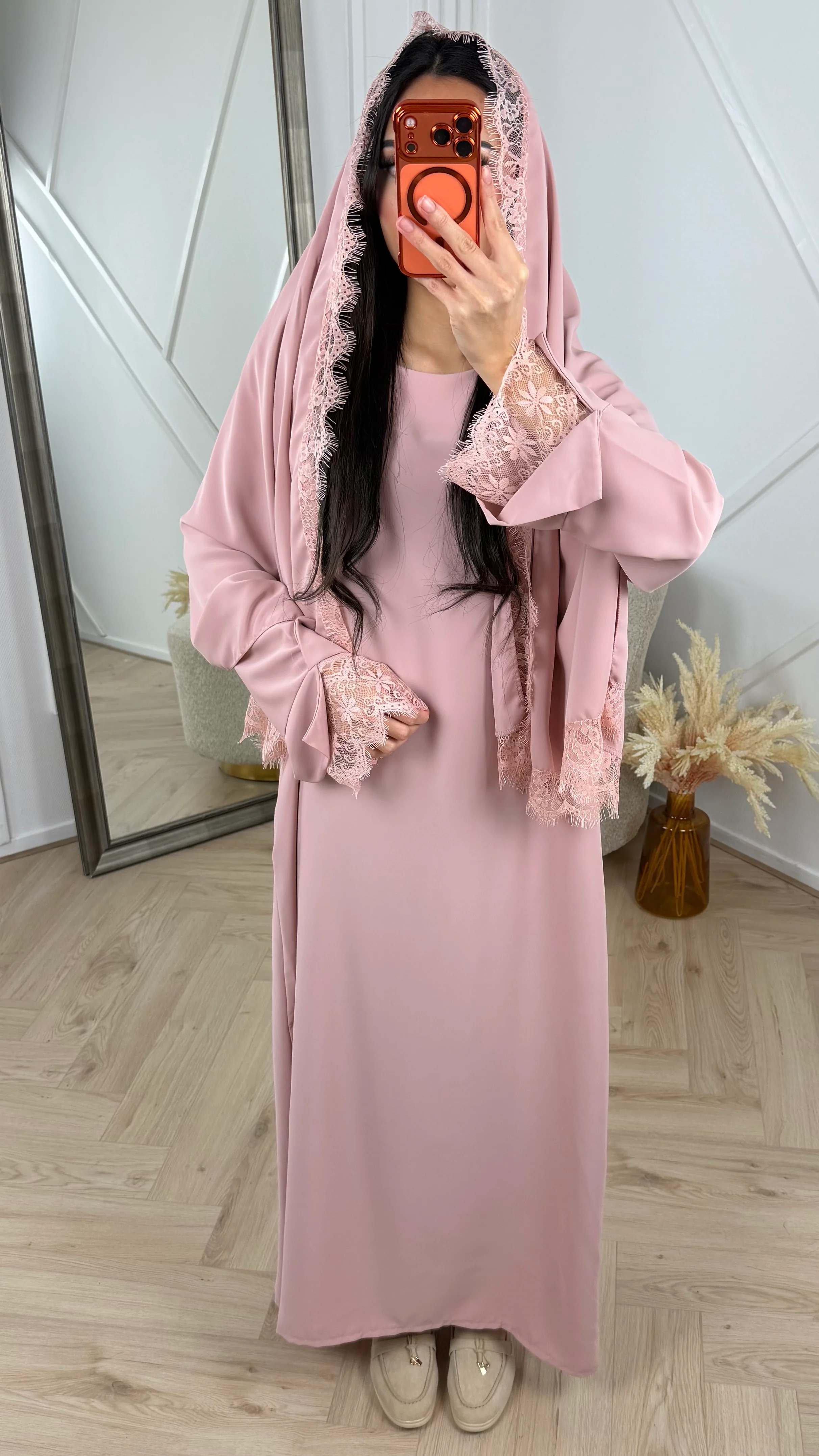 Abaya Jurk met Losse Hoofddoek en Kantafwerking - Image 7
