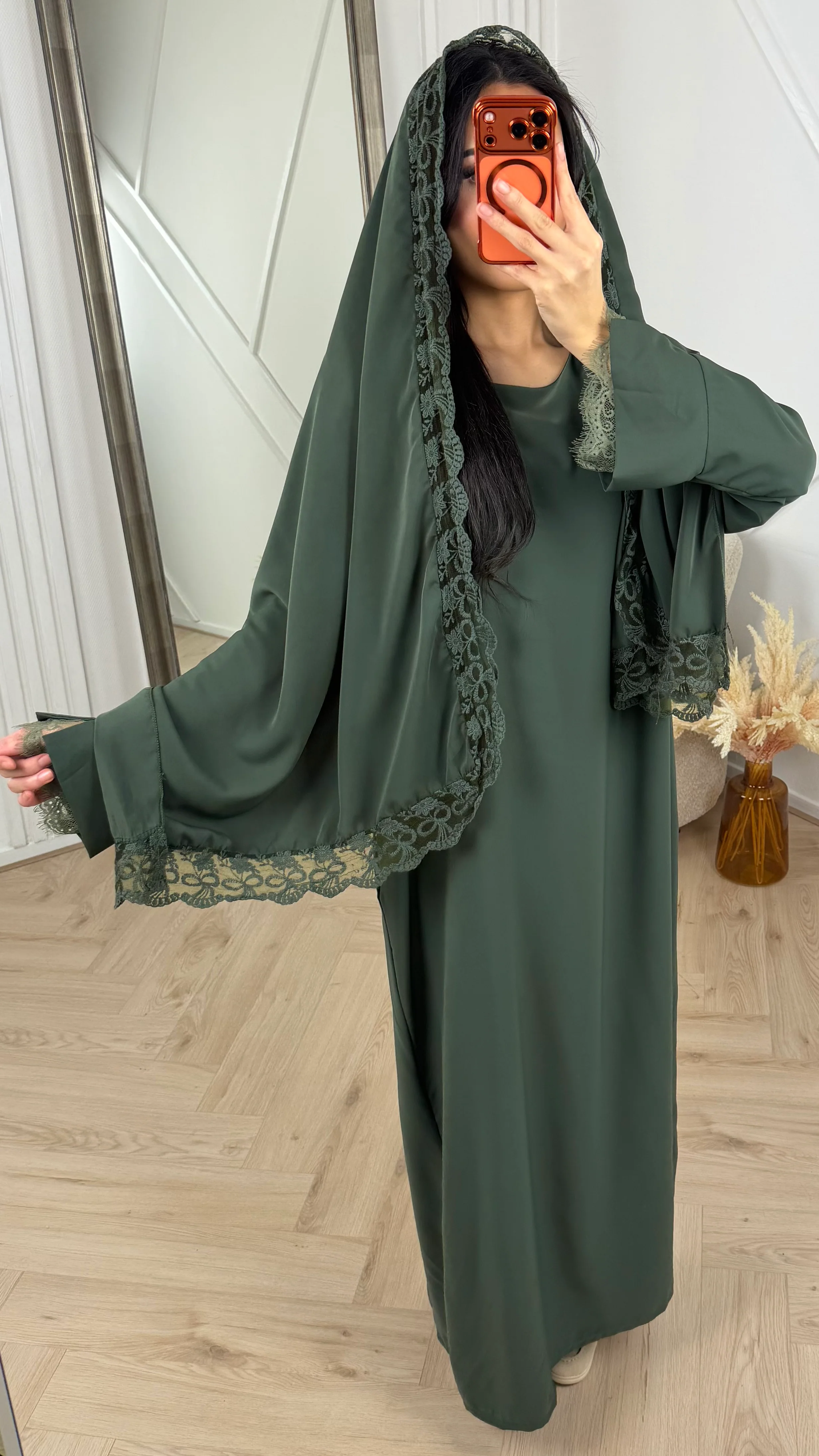 Abaya Jurk met Losse Hoofddoek en Kantafwerking - Image 8