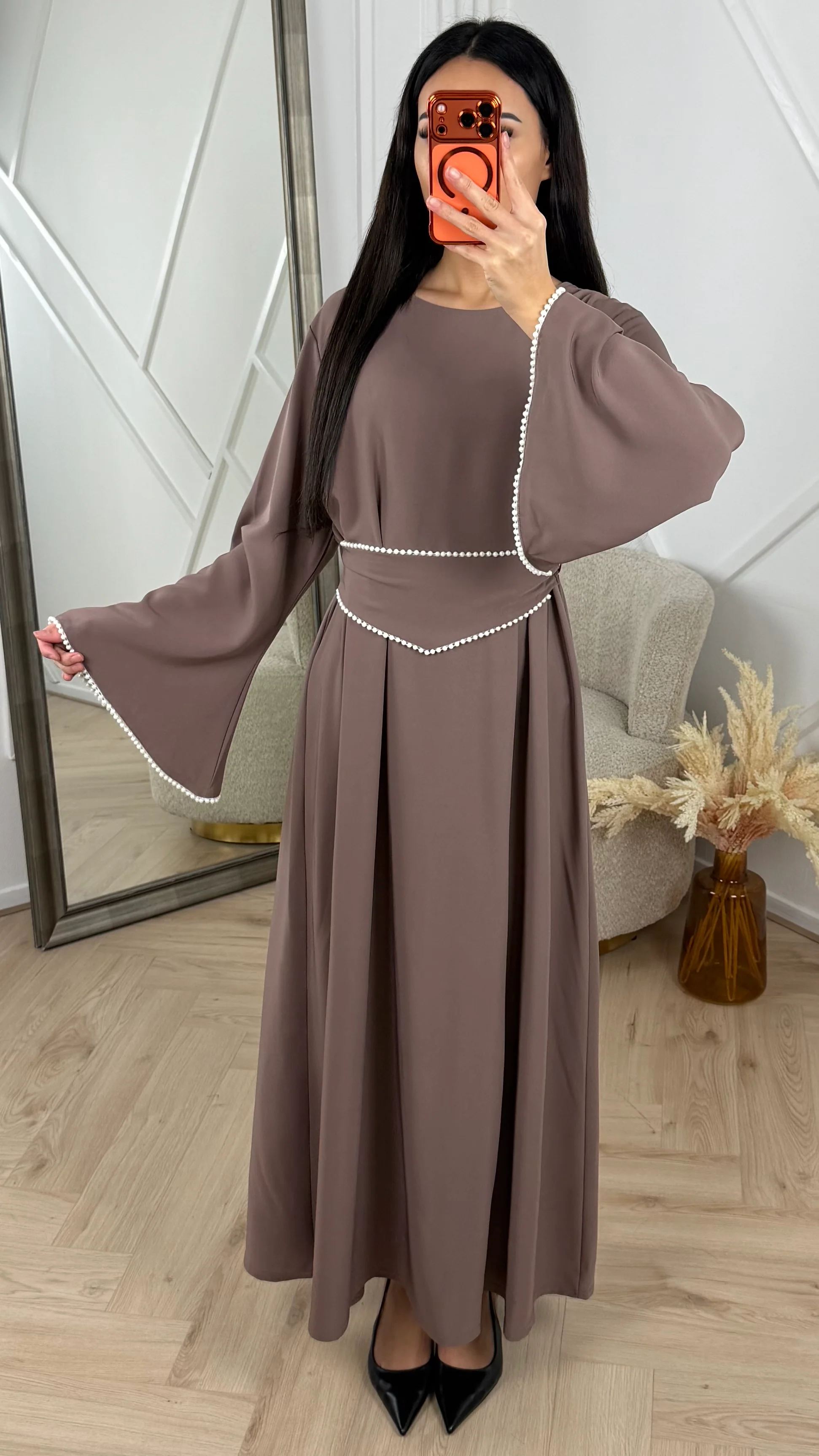 Abaya Maxi Jurk met Parelrand en Tailleceintuur - Image 10