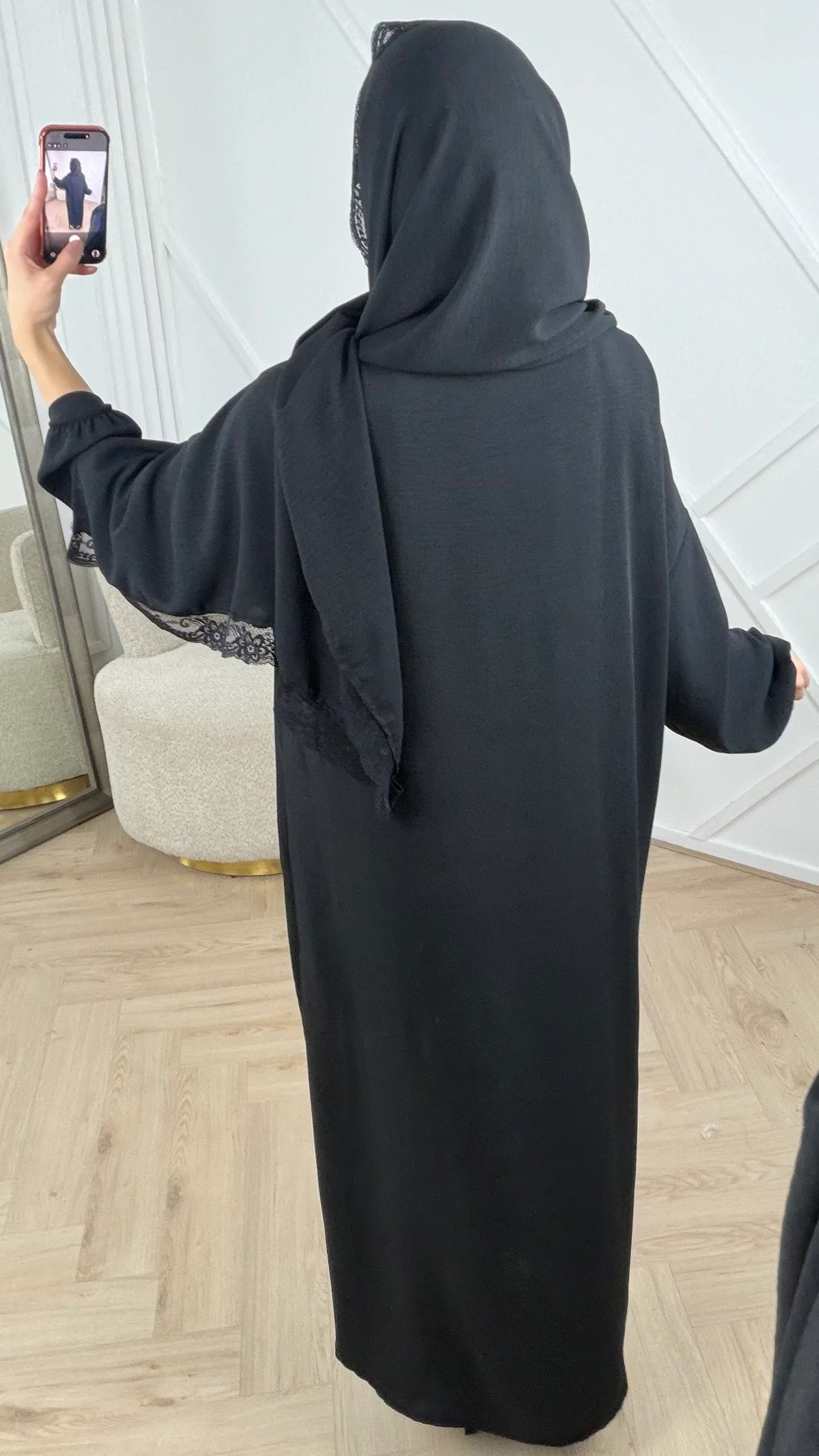 Abaya met aangehechte Khimar en kanten details - Image 6