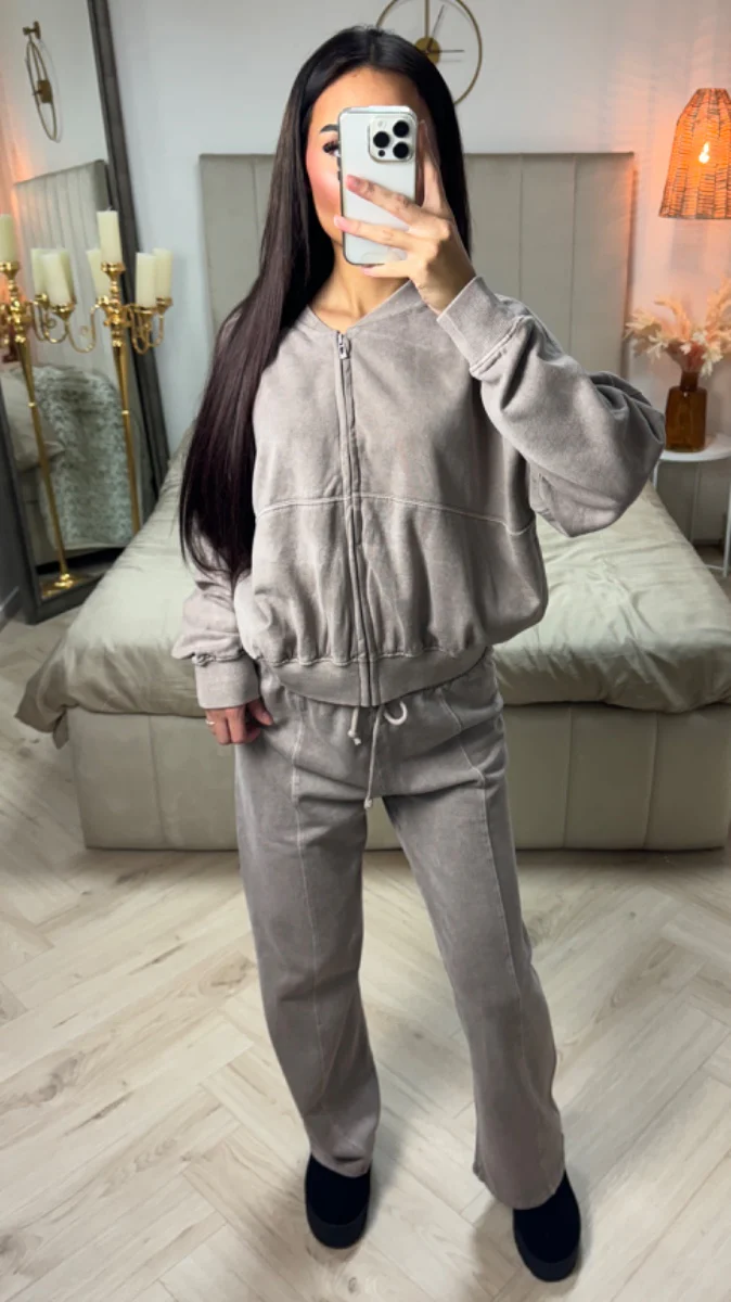 Acid Washed Zipper Cardigan + Wide Leg Trouser  Mid Line Set - Image 3