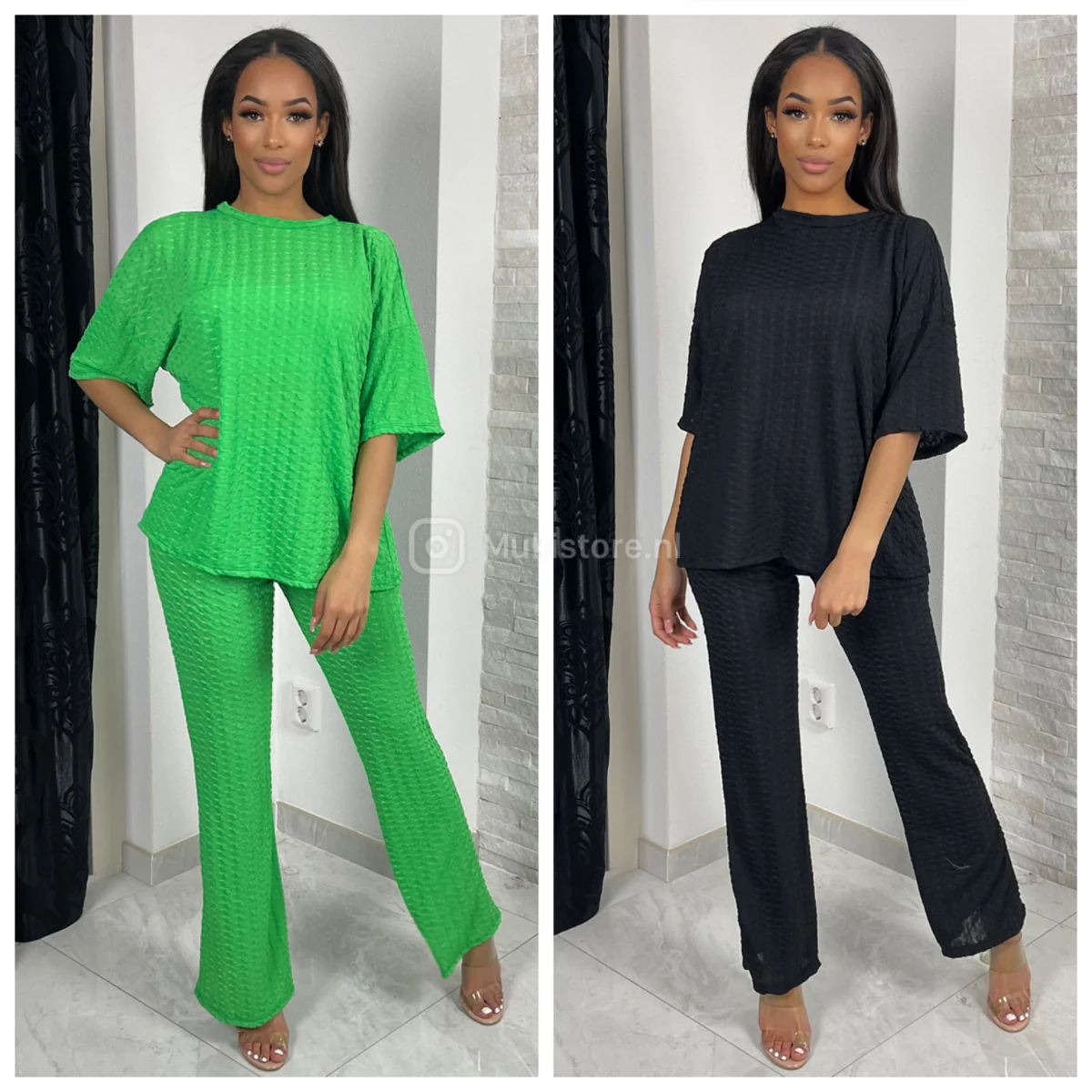 Bubble T-shirt Set Wide Leg Mid Stripe Detail - Image 3