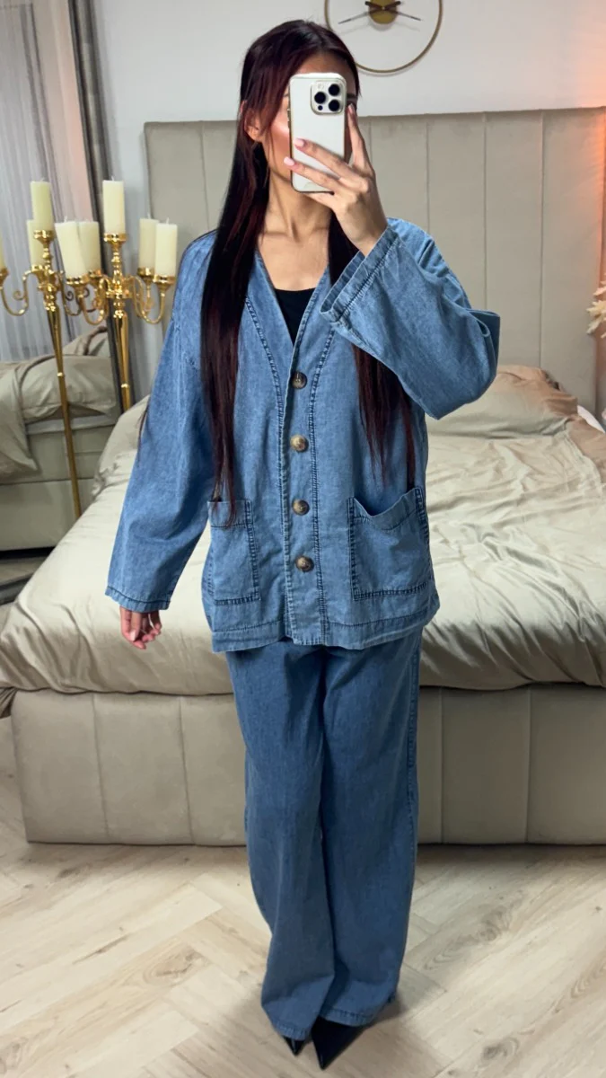 Button Denim Blouse Set - Image 2