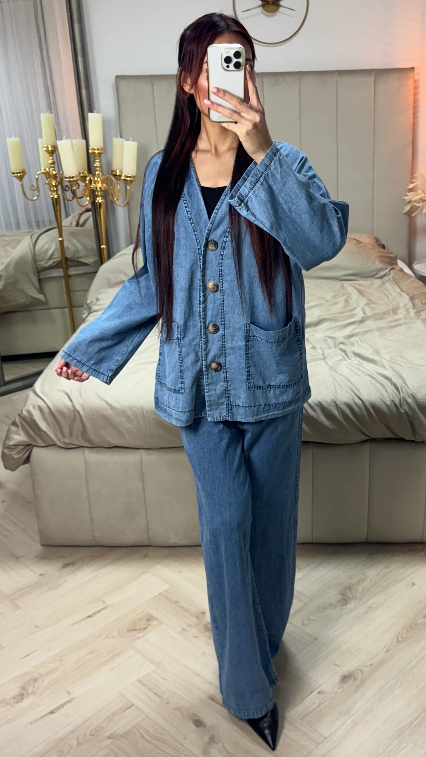Button Denim Blouse Set - Image 3