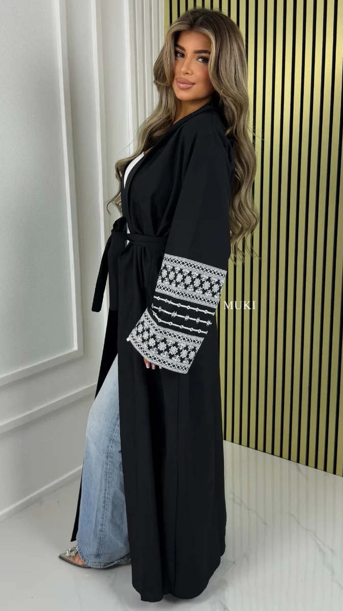BY FARAH Tie Belt Linenstyle Kimono Embroidery Sleeve Detail - Image 7