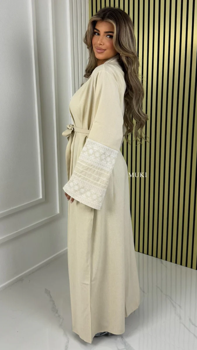 BY FARAH Tie Belt Linenstyle Kimono Embroidery Sleeve Detail - Image 8