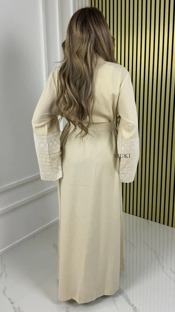 BY FARAH Tie Belt Linenstyle Kimono Embroidery Sleeve Detail - Image 9