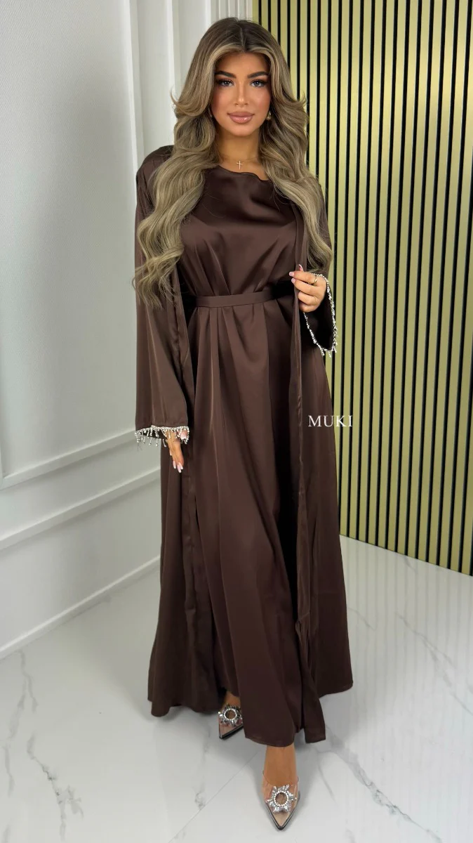 BY FARAH Tie Belt Satin Kimono + Underdress DIamond Drops Sleeve Detail