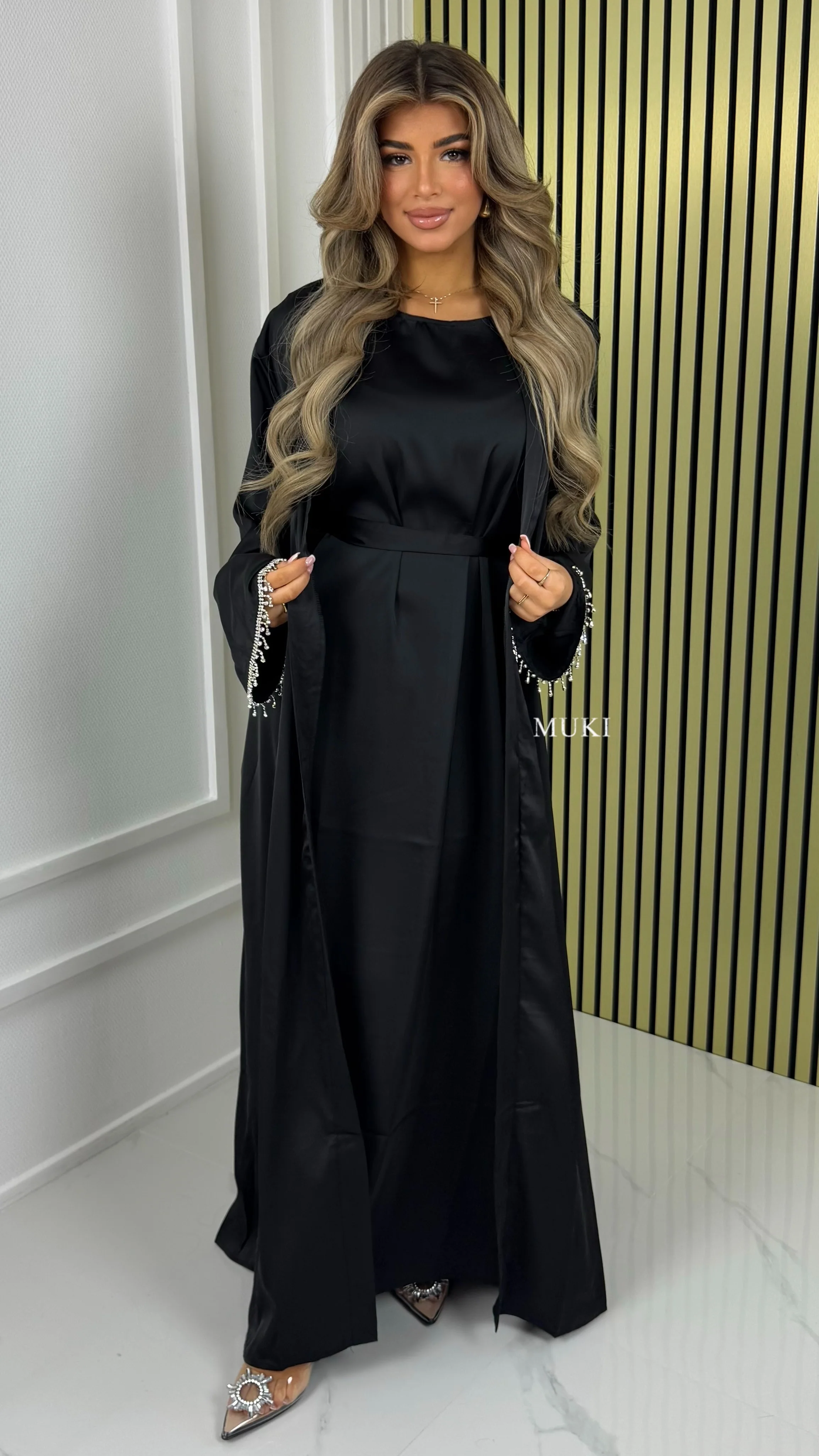 BY FARAH Tie Belt Satin Kimono + Underdress DIamond Drops Sleeve Detail - Image 12