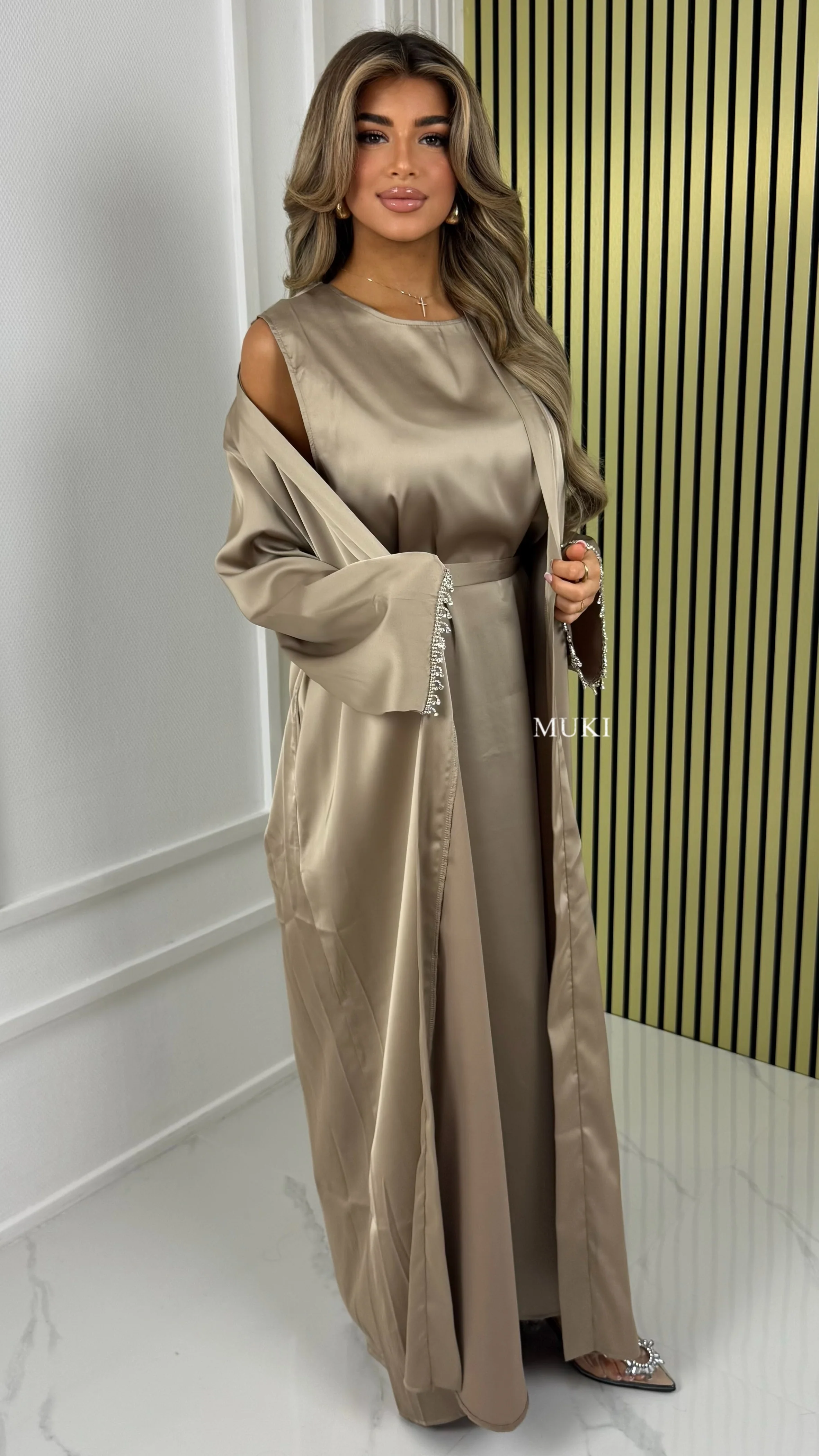 BY FARAH Tie Belt Satin Kimono + Underdress DIamond Drops Sleeve Detail - Image 13