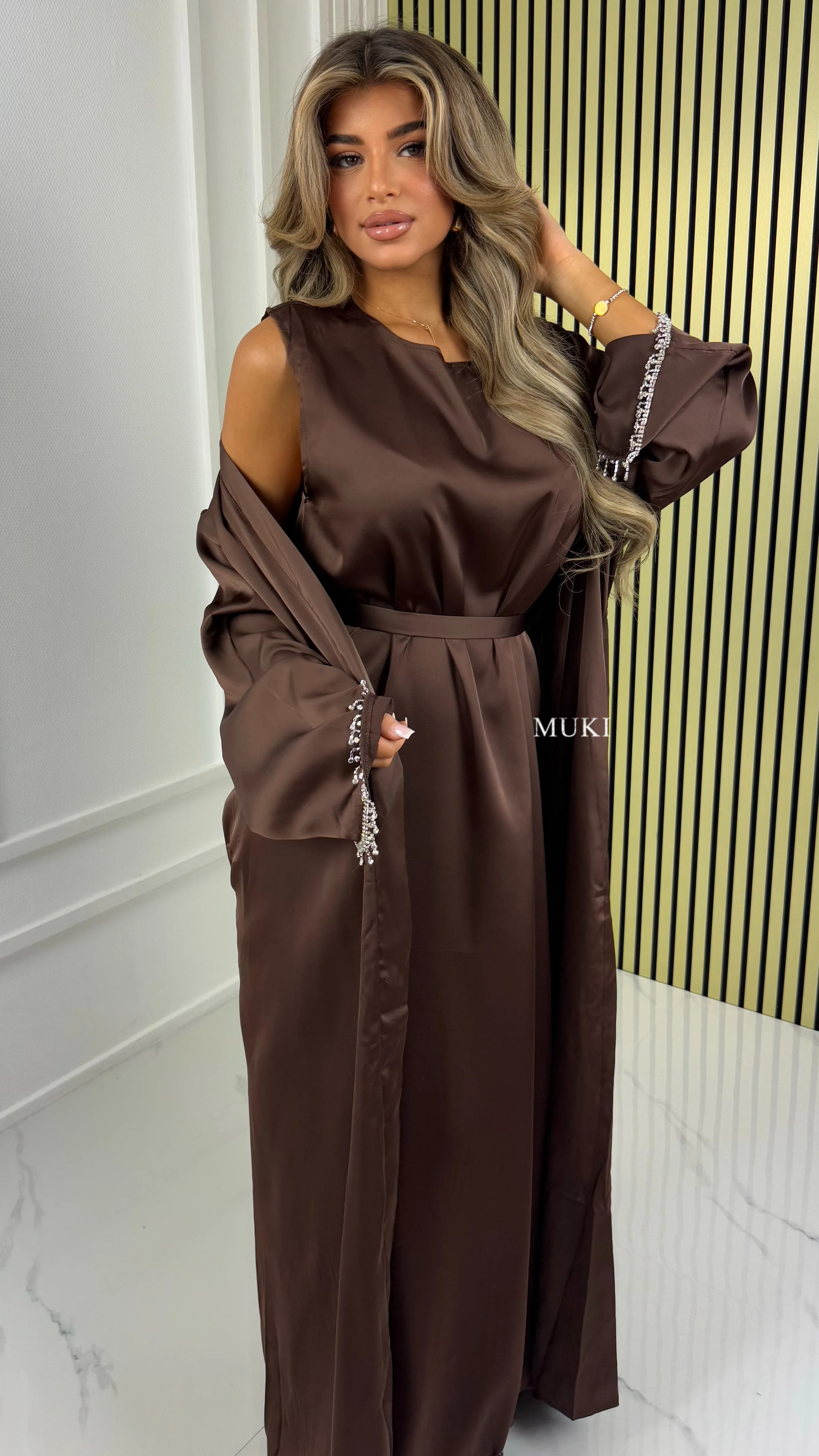 BY FARAH Tie Belt Satin Kimono + Underdress DIamond Drops Sleeve Detail - Image 14