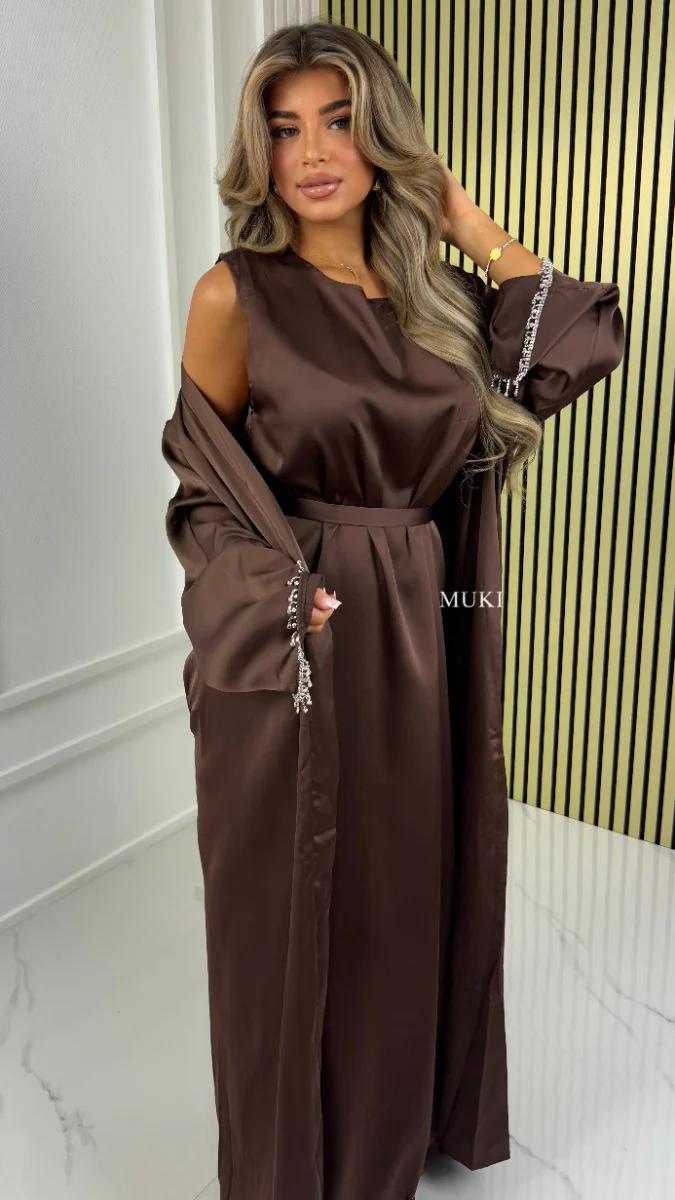 BY FARAH Tie Belt Satin Kimono + Underdress DIamond Drops Sleeve Detail - Image 2