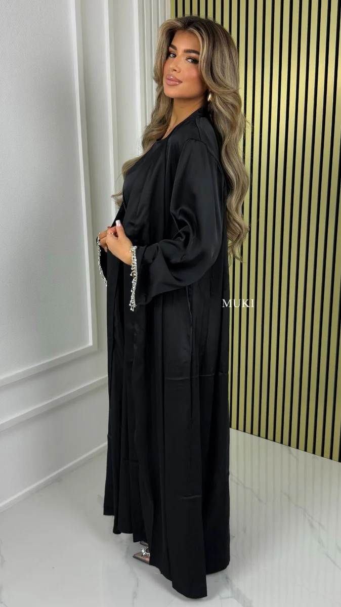 BY FARAH Tie Belt Satin Kimono + Underdress DIamond Drops Sleeve Detail - Image 4