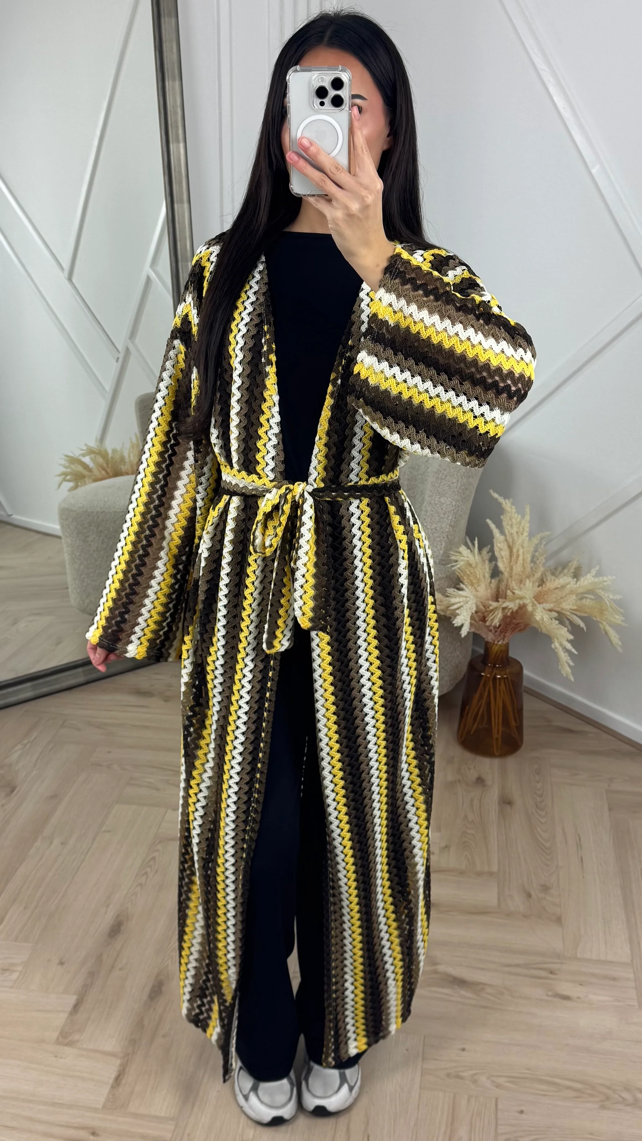 Crochet Maxi Kimono met Ceintuur en Strepen