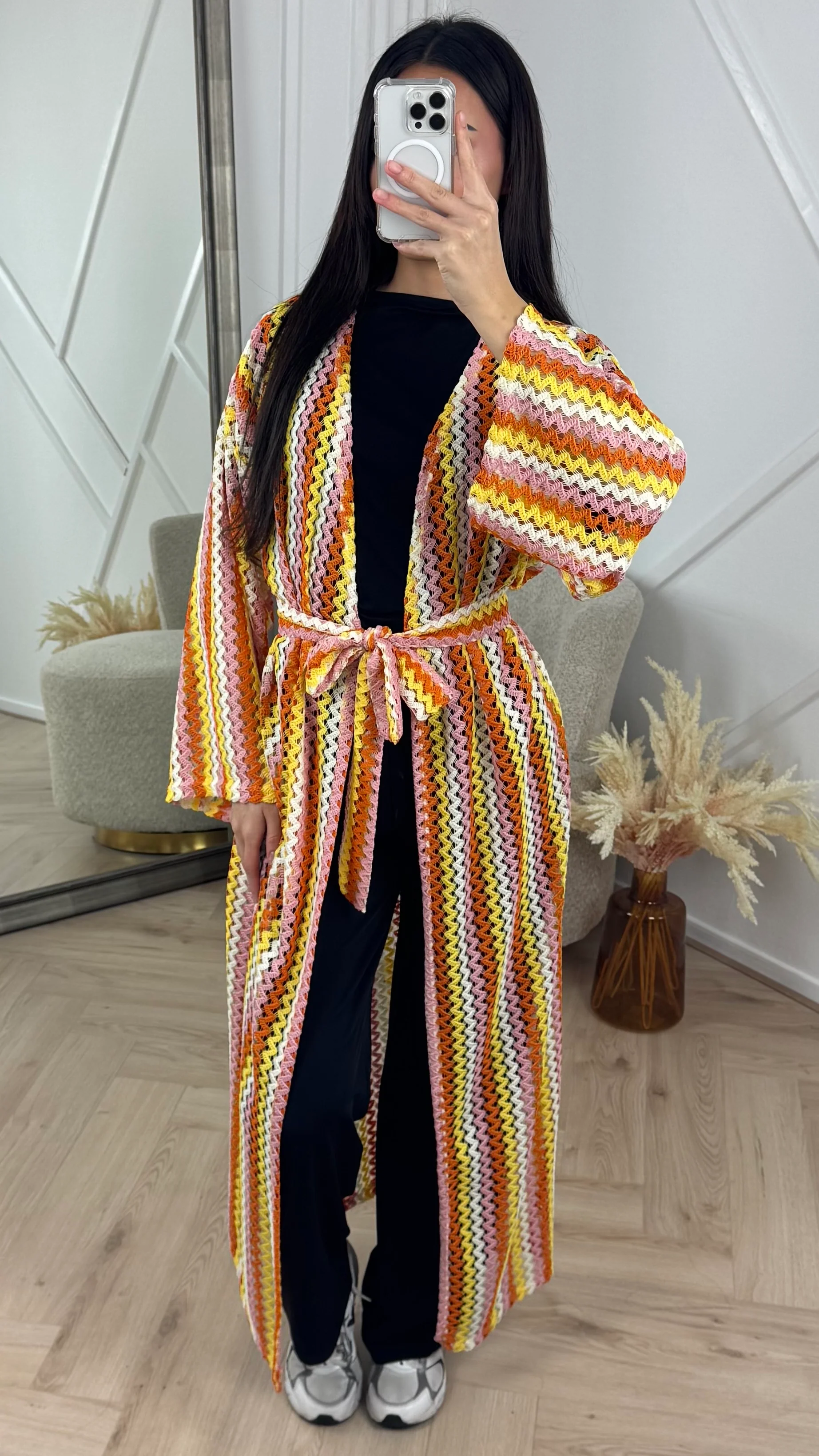 Crochet Maxi Kimono met Ceintuur en Strepen - Image 2