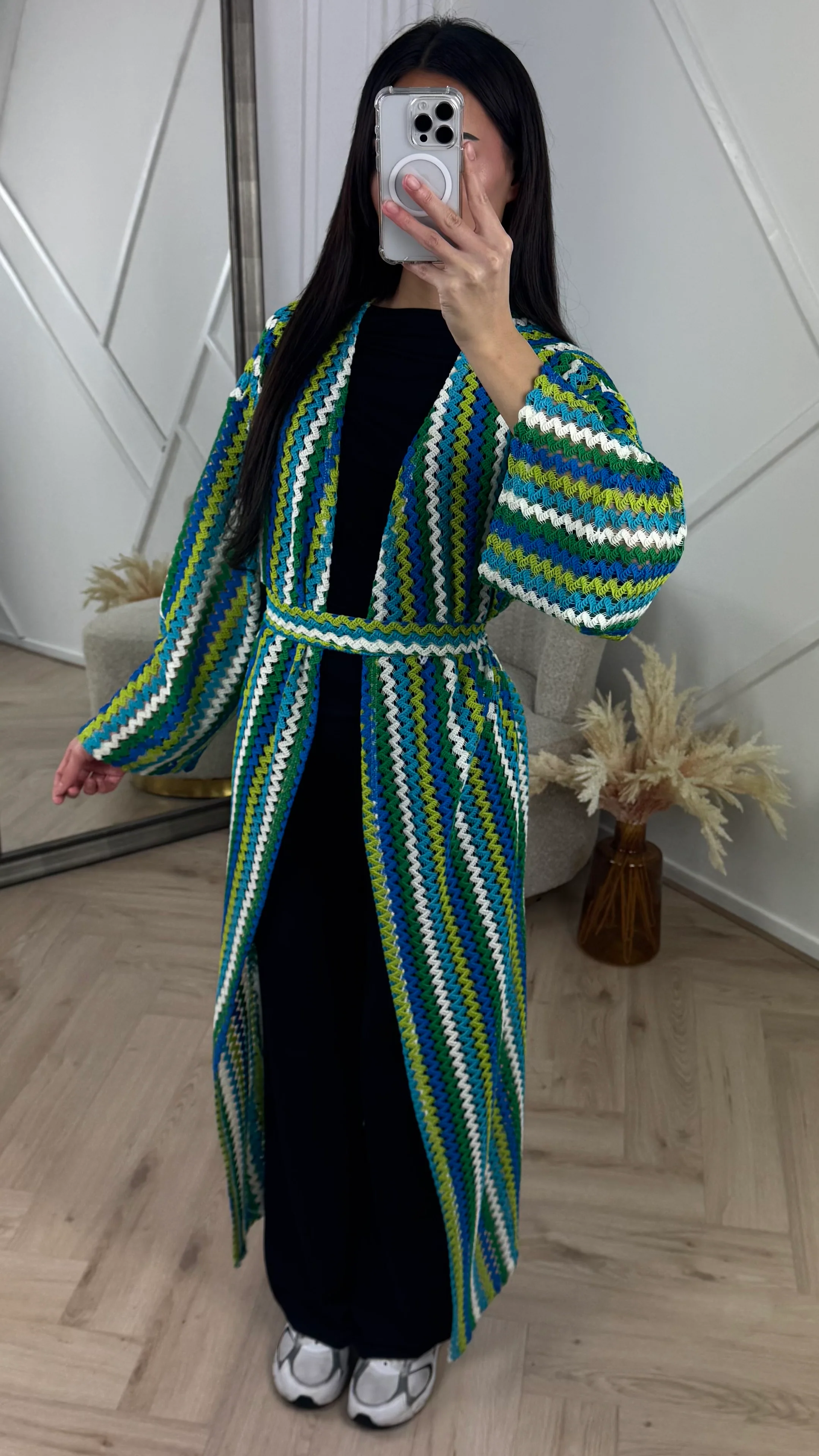 Crochet Maxi Kimono met Ceintuur en Strepen - Image 3