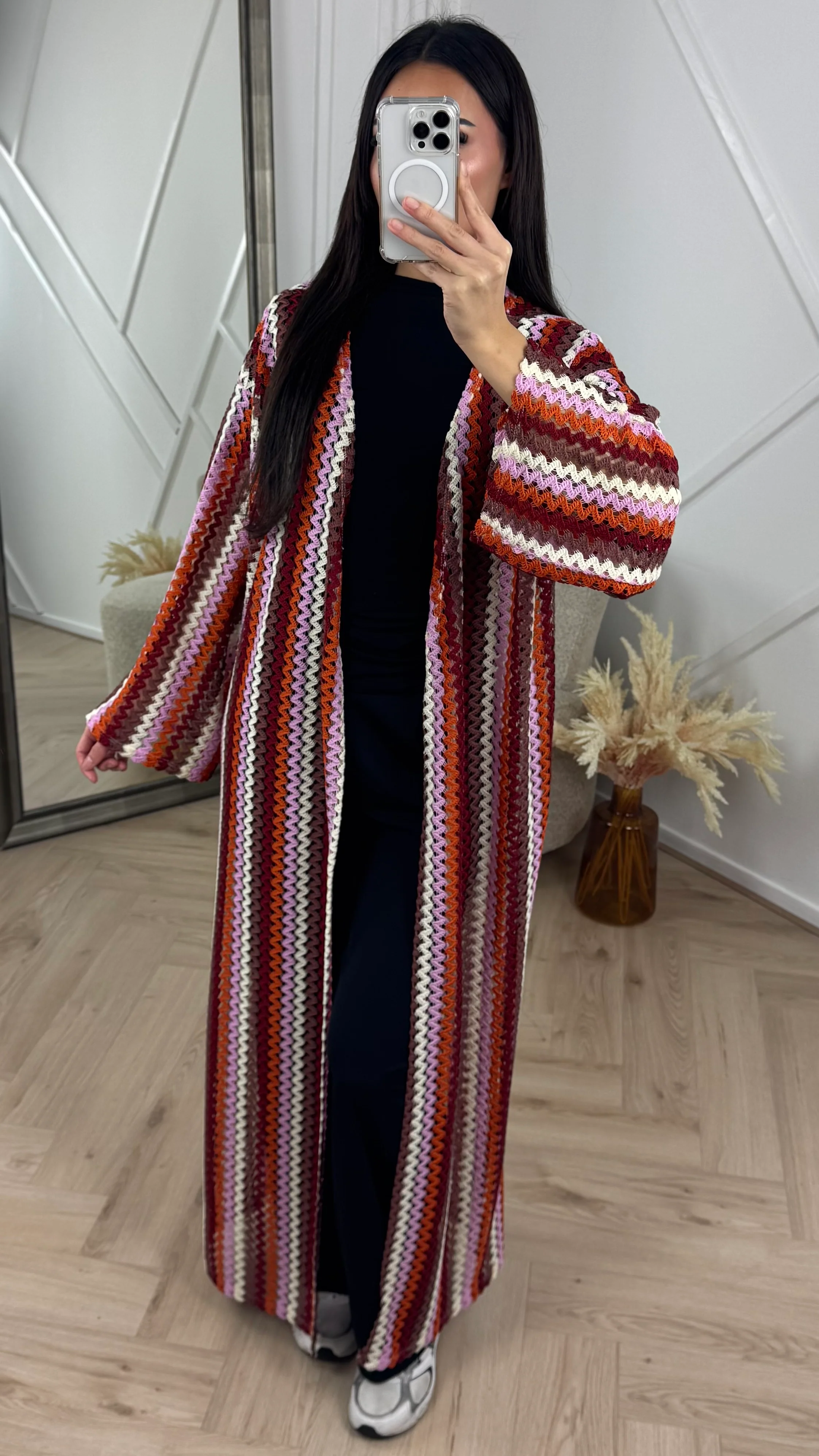 Crochet Maxi Kimono met Ceintuur en Strepen - Image 4