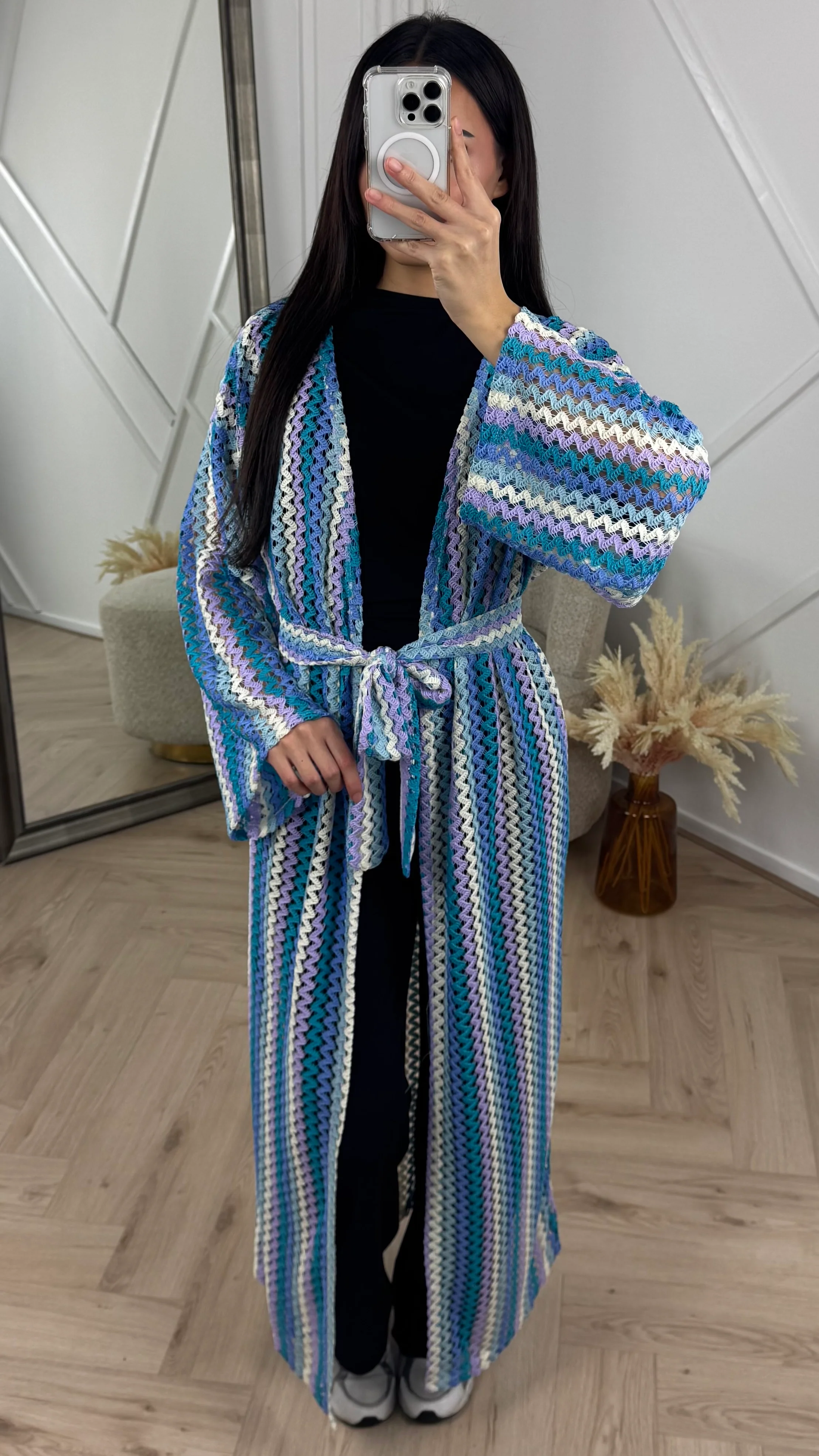 Crochet Maxi Kimono met Ceintuur en Strepen - Image 5
