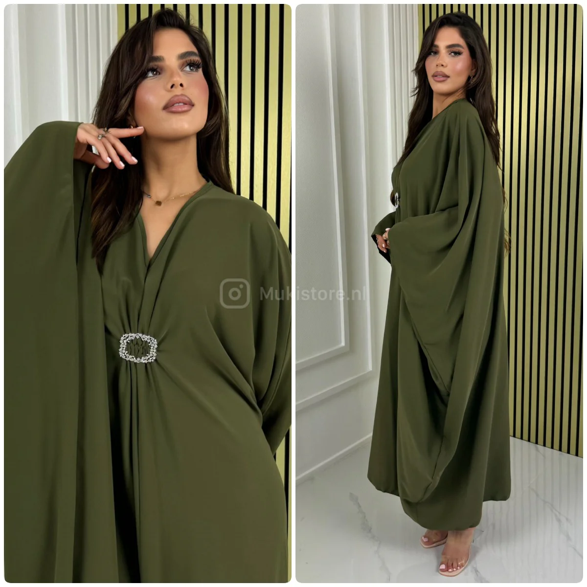 Diamond Detail Oversized Satin V Neck Dress - Image 3