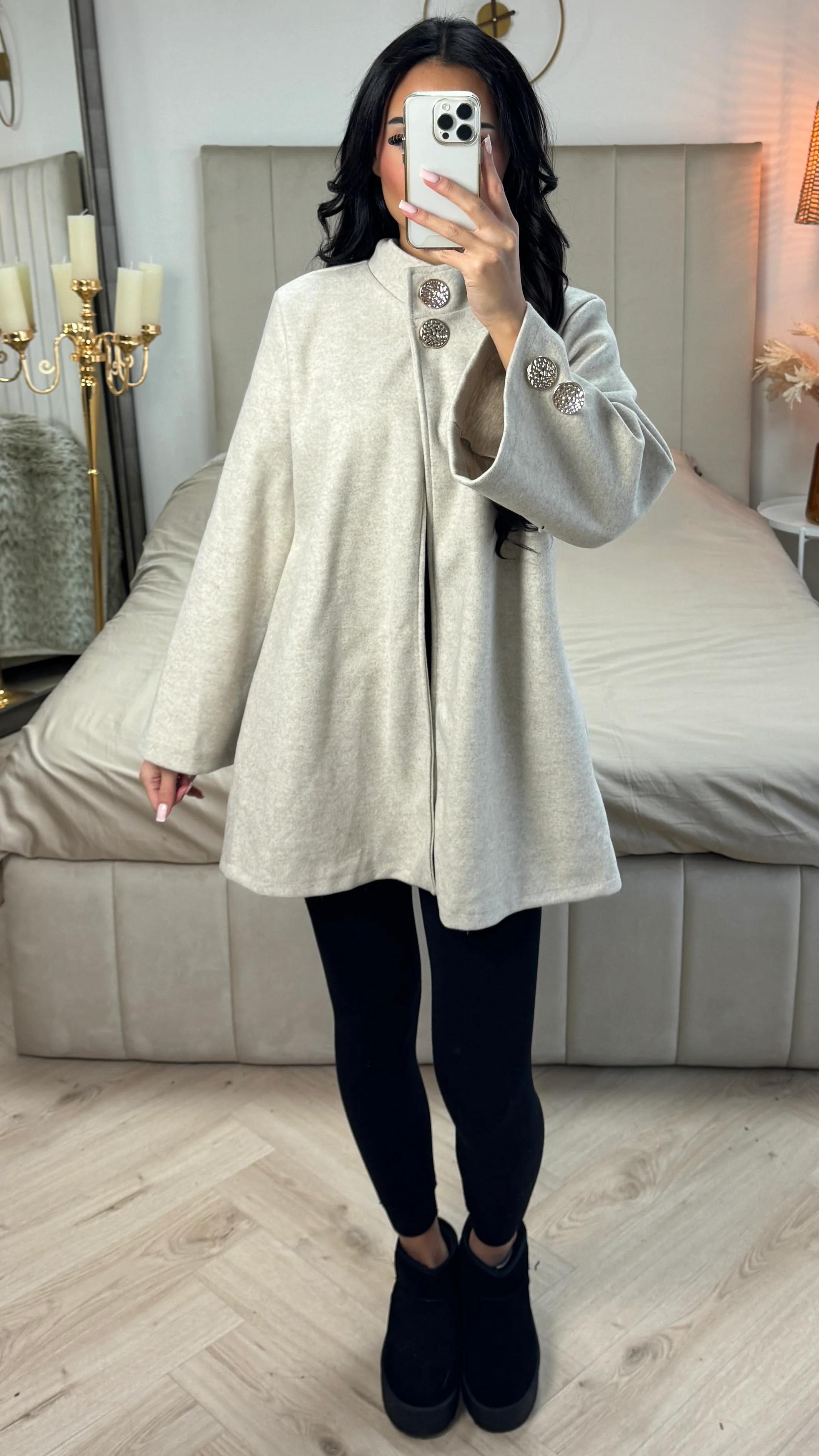 Double Golden Buttons Sleeve Detail Midi Split Coat - Image 20